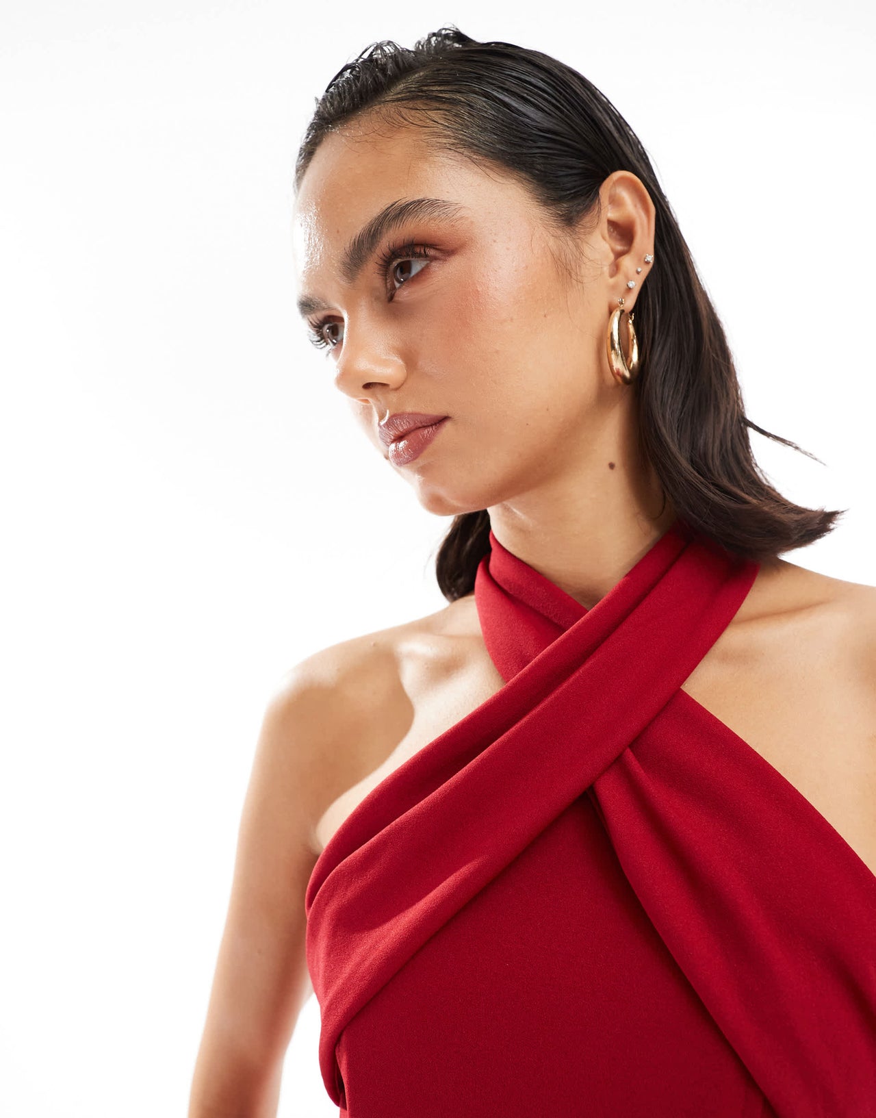 TFNC crepe halter neck maxi dress with thigh split in red