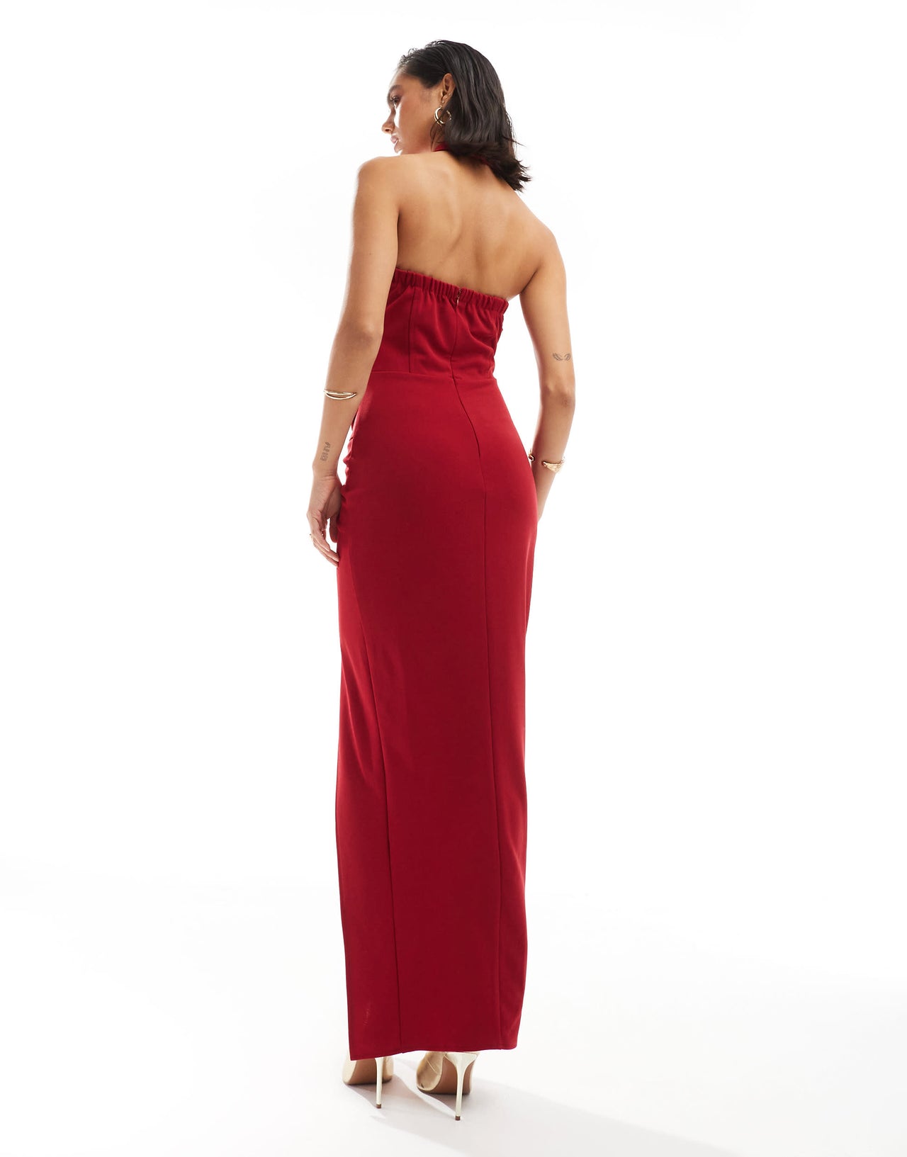 TFNC crepe halter neck maxi dress with thigh split in red