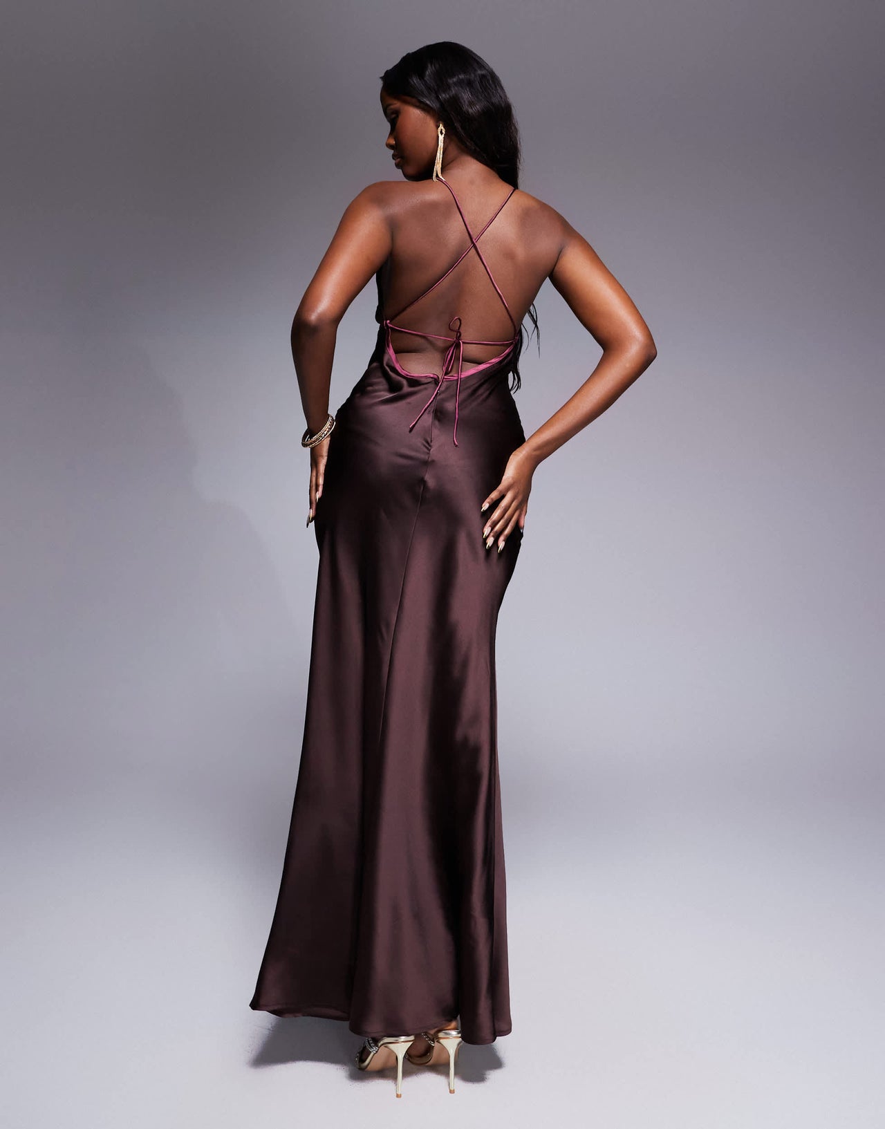 ASOS DESIGN bias cut cami maxi dress with contrast tie detail in mocha brown