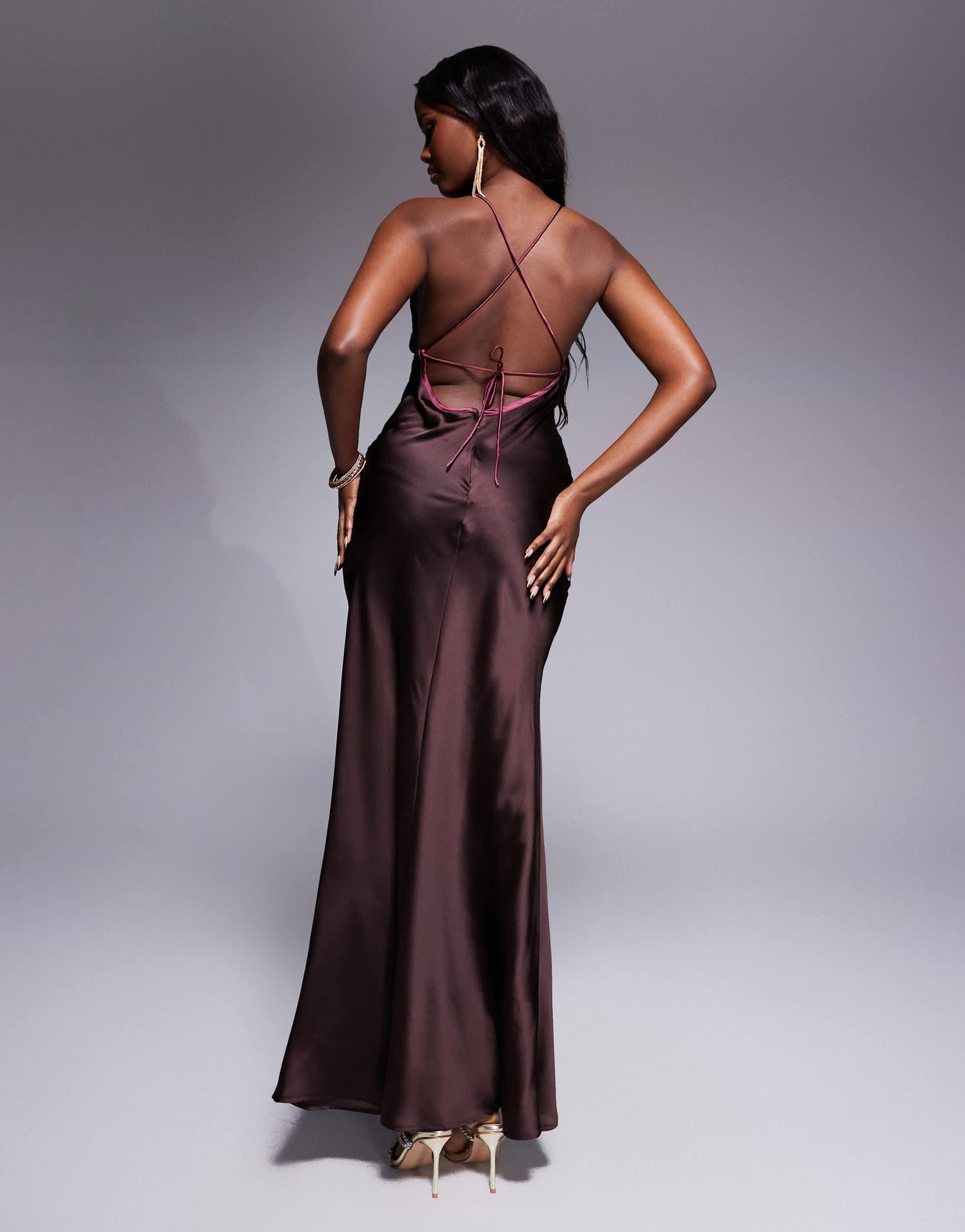 ASOS DESIGN bias cut cami maxi dress with contrast tie detail in mocha brown