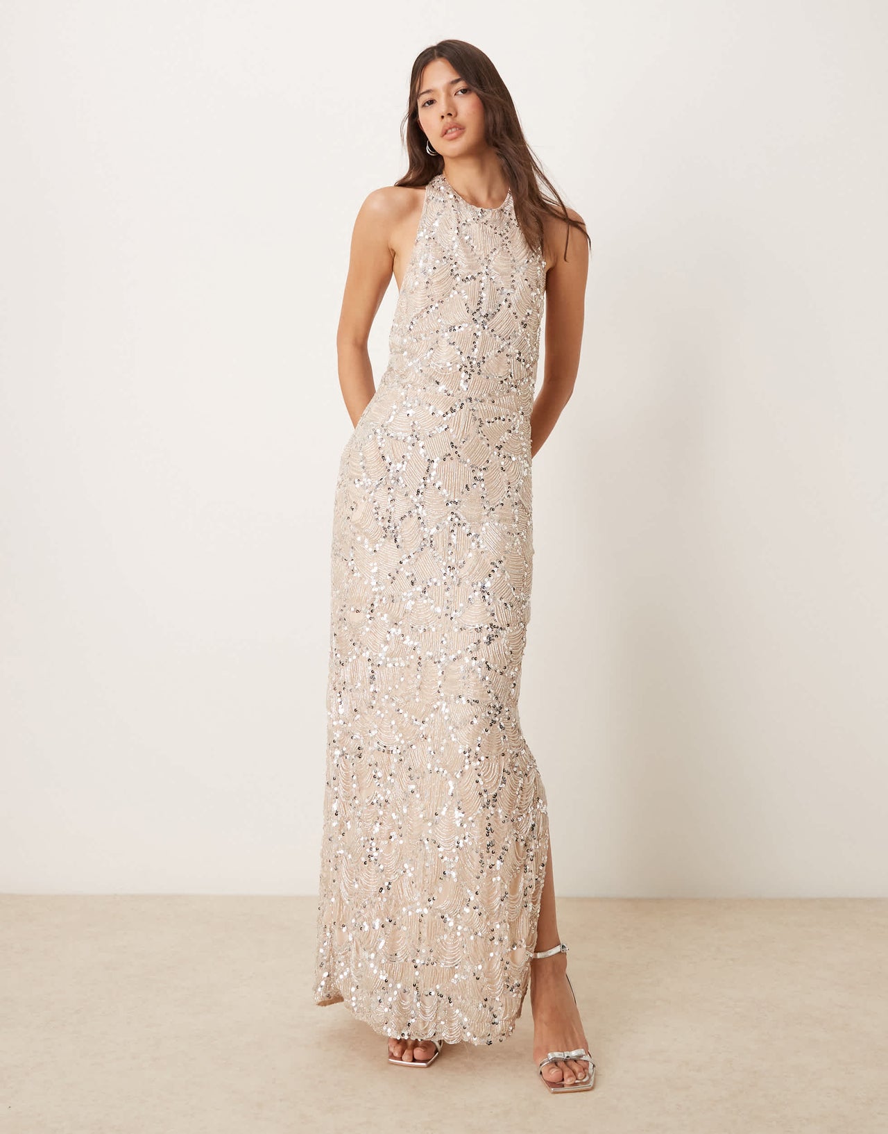 ASOS DESIGN embellished drape front halter midi dress in silver