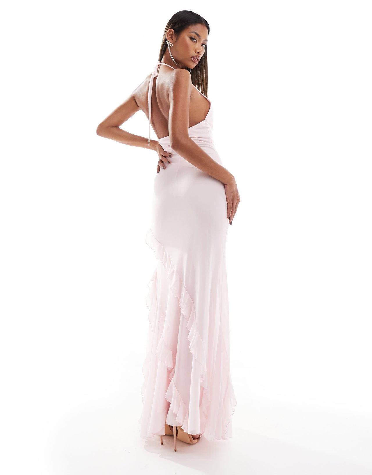 ASOS DESIGN mesh plunge maxi dress with ruffle front split and panel detailing in pink