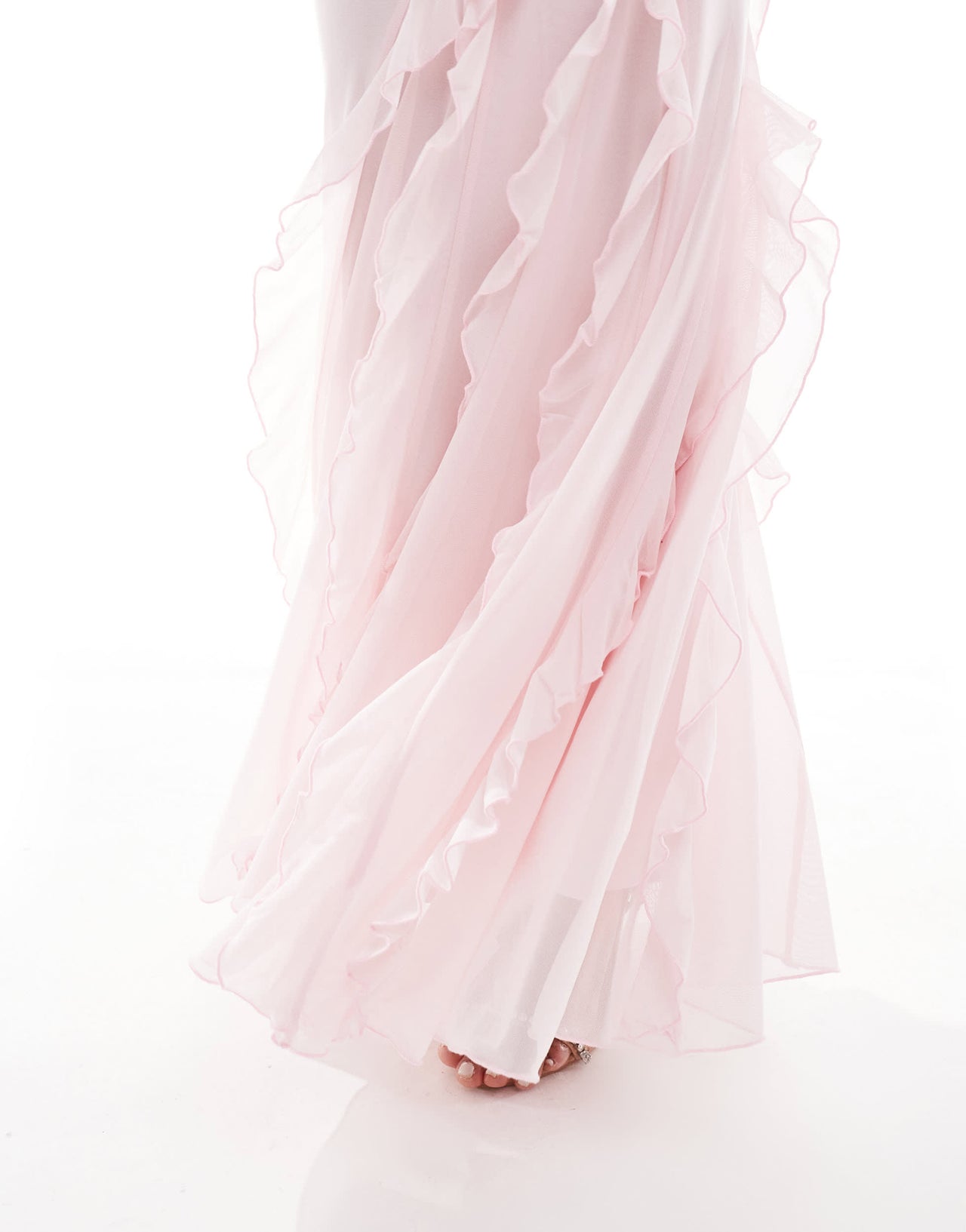 ASOS DESIGN mesh plunge maxi dress with ruffle front split and panel detailing in pink