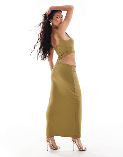 ASOS DESIGN cutout button detail ribbed midi dress in olive
