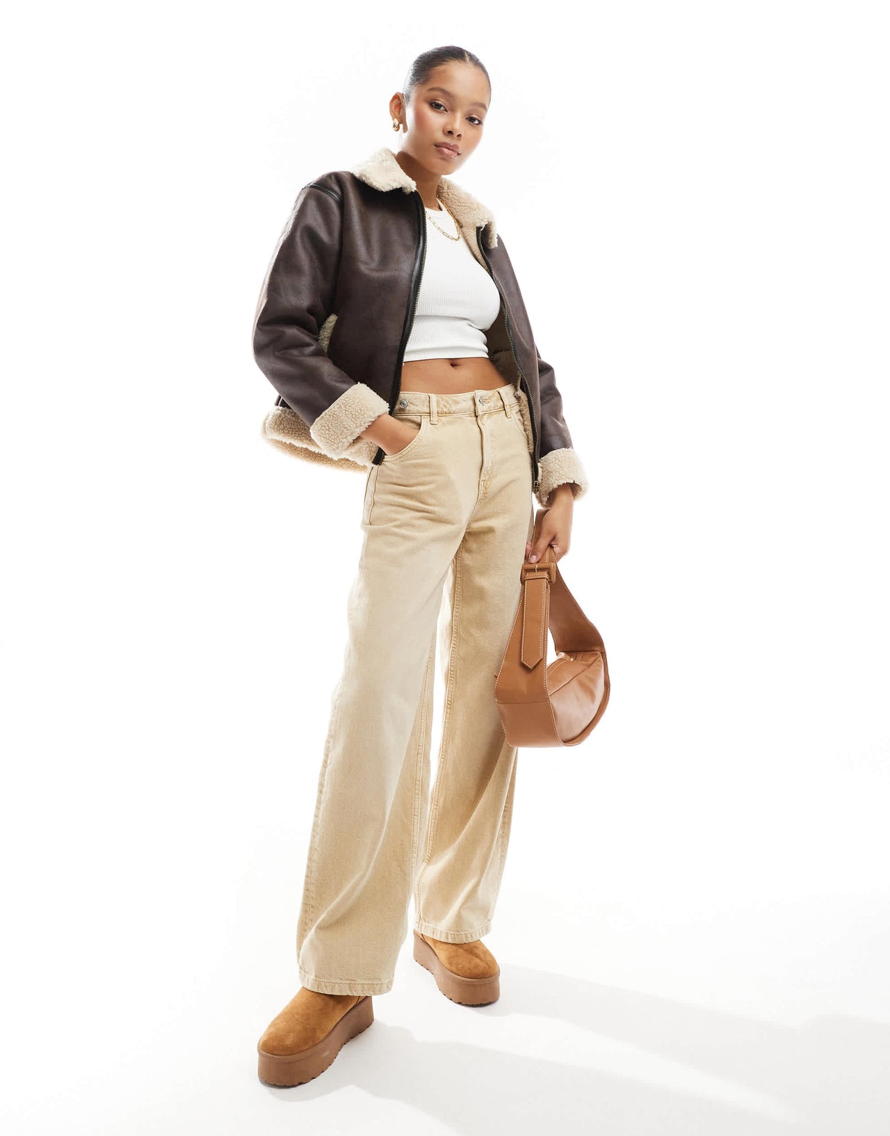 Cotton On dakota faux leather aviator jacket in brown cream