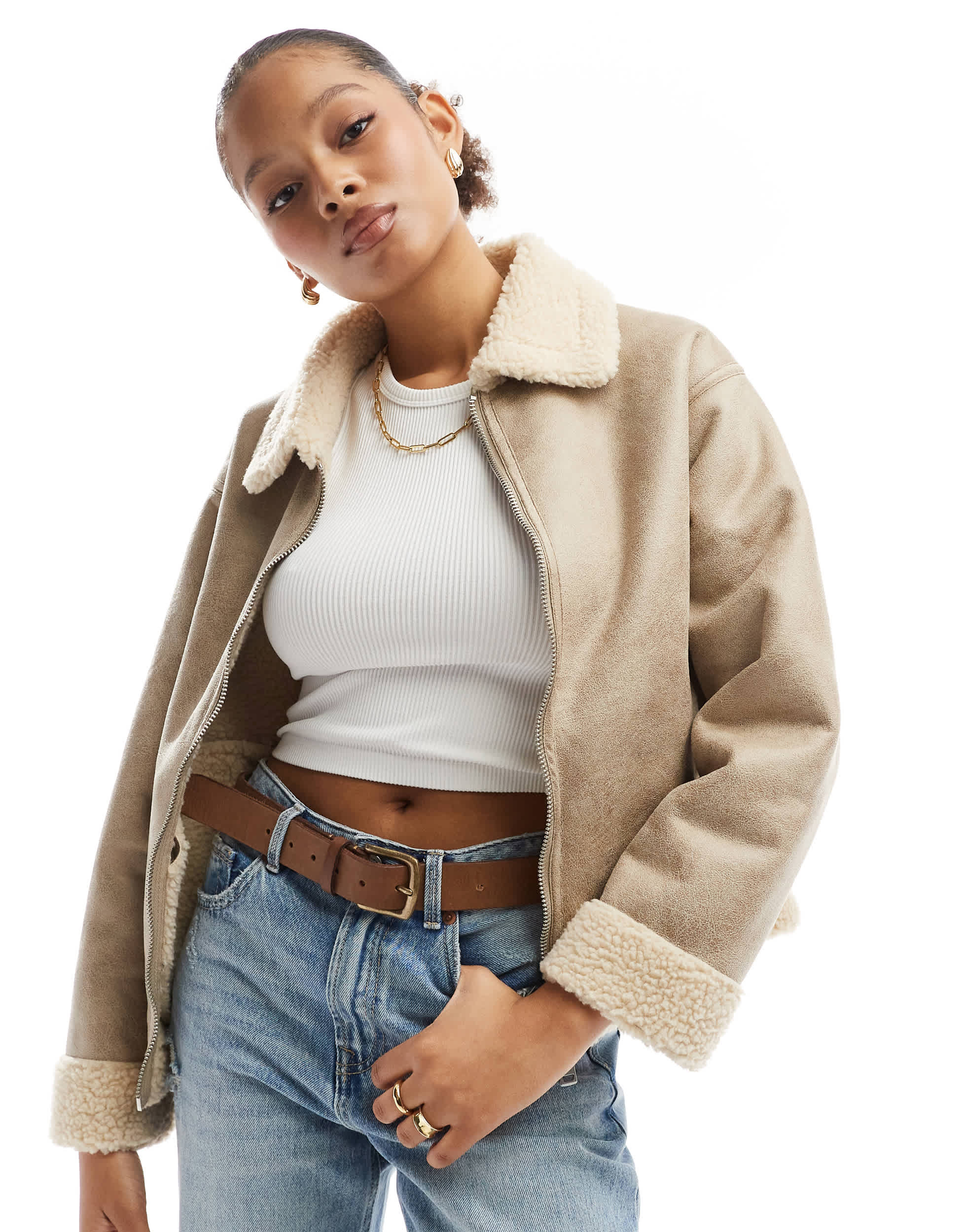 Cotton On dakota faux leather aviator jacket in taupe