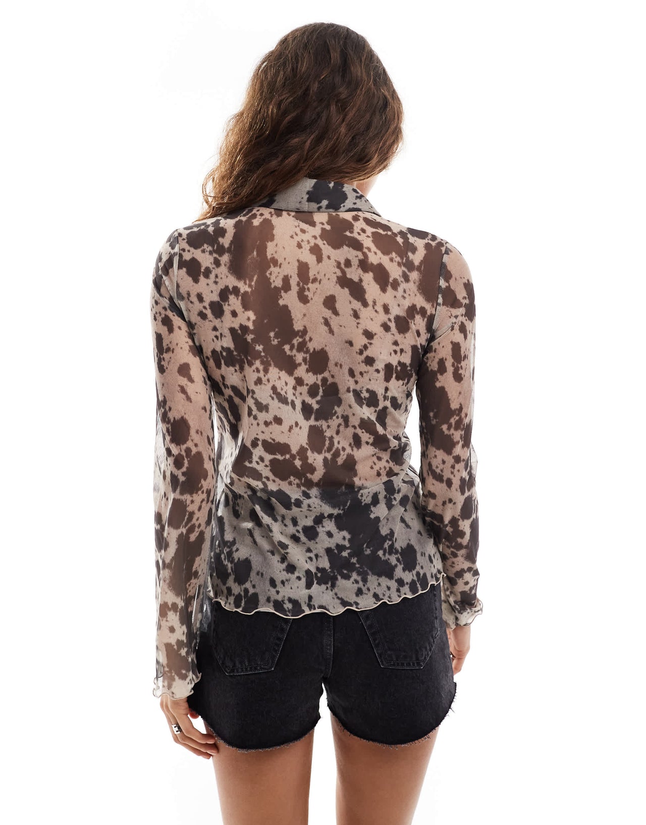 Monki long sleeve sheer collar shirt in brown animal print