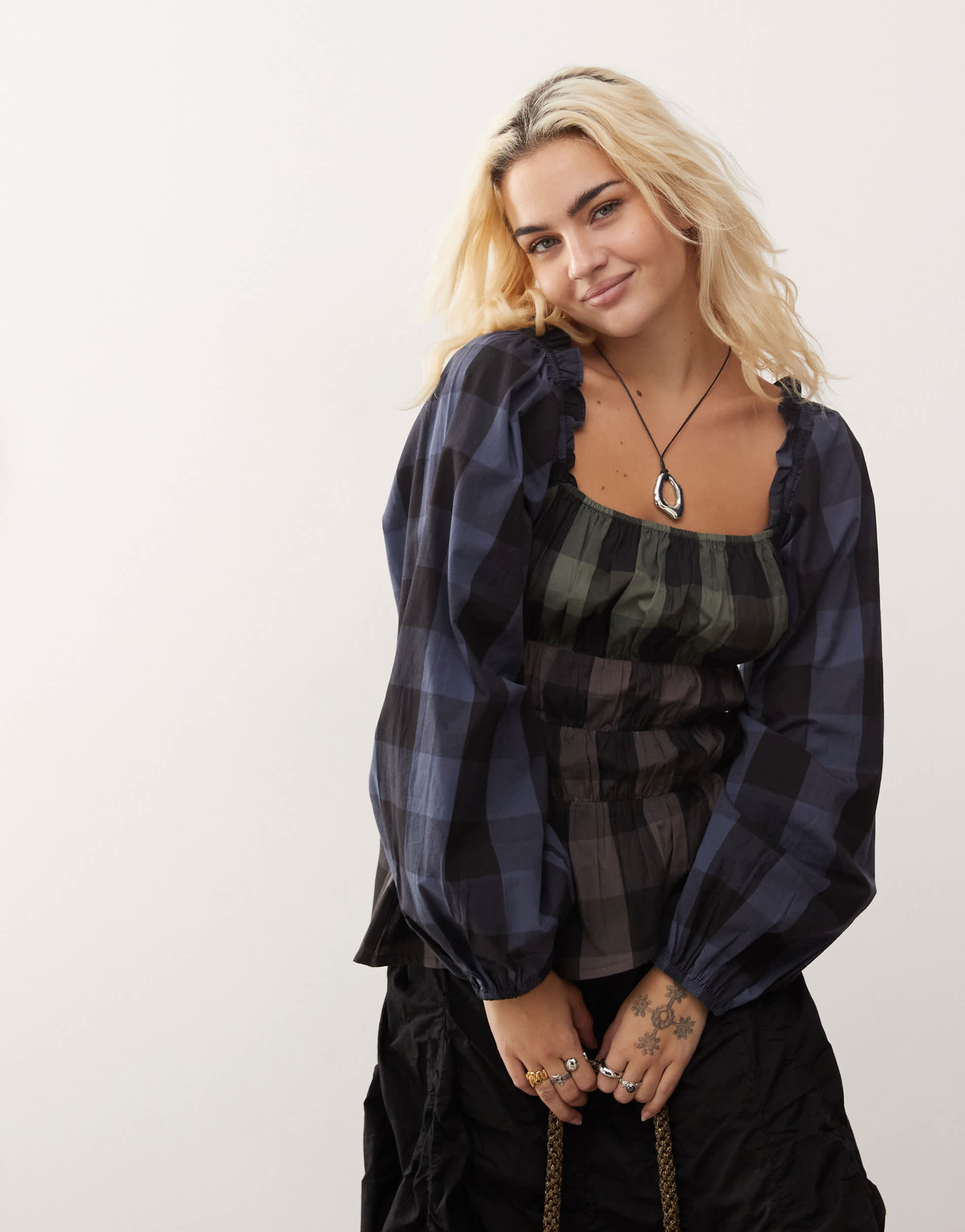 COLLUSION long sleeve top in spliced checks