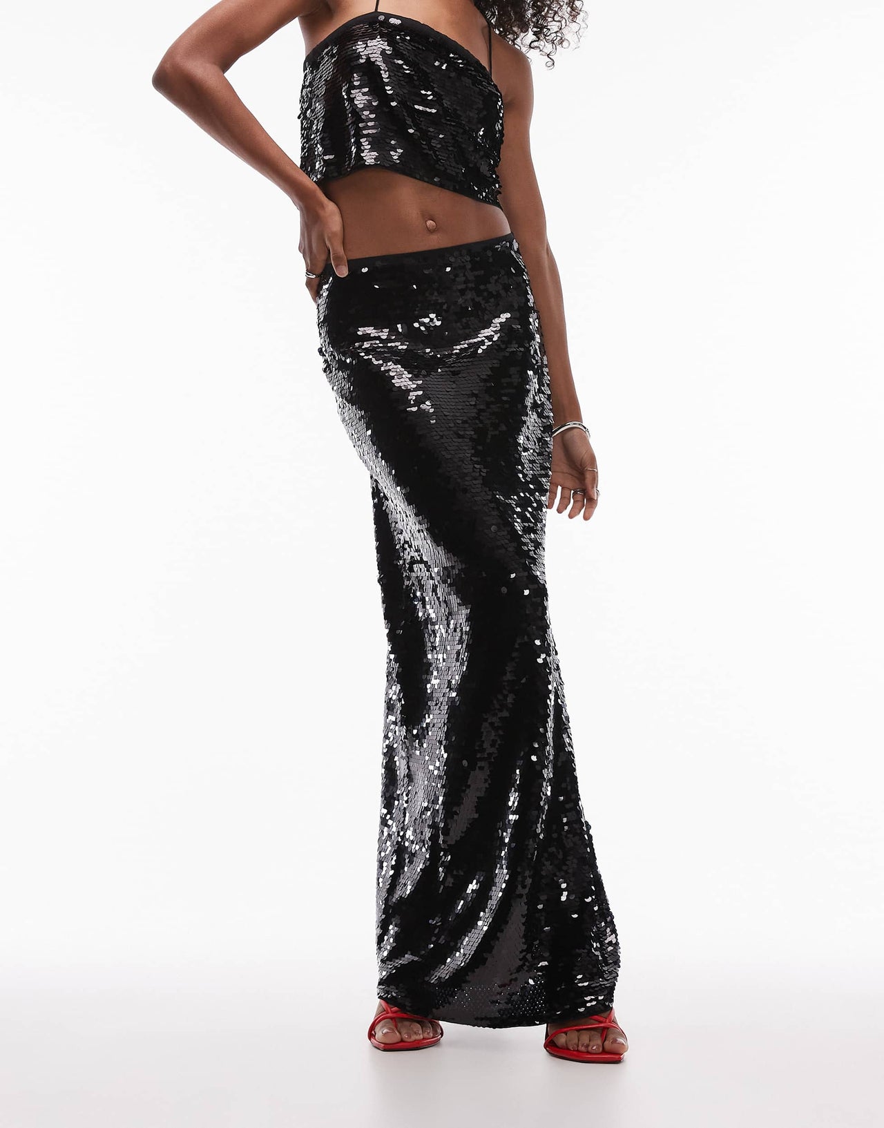 Topshop co-ord disc sequin maxi skirt in black