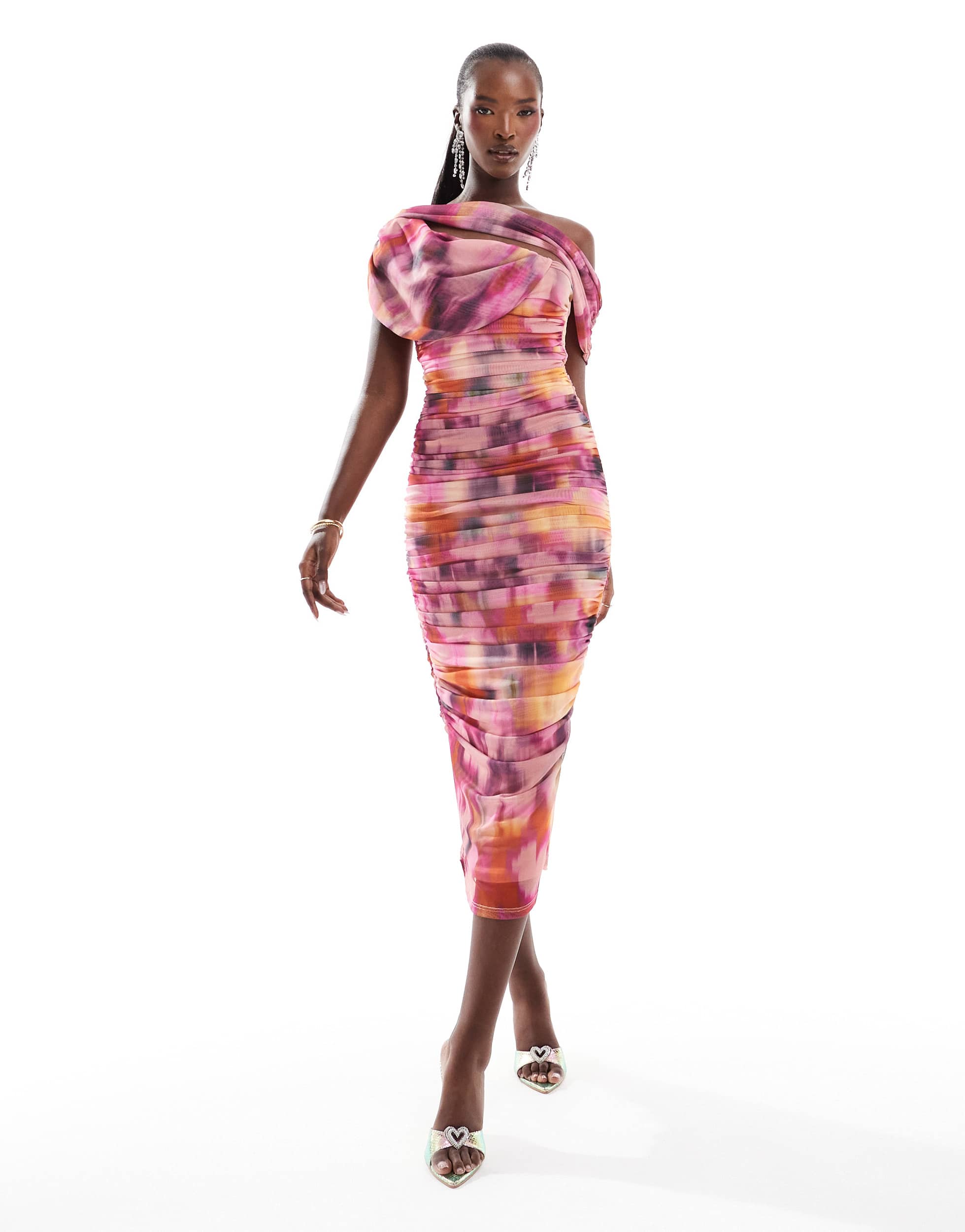 ASOS DESIGN mesh bardot ruched midi dress in blurred pink print