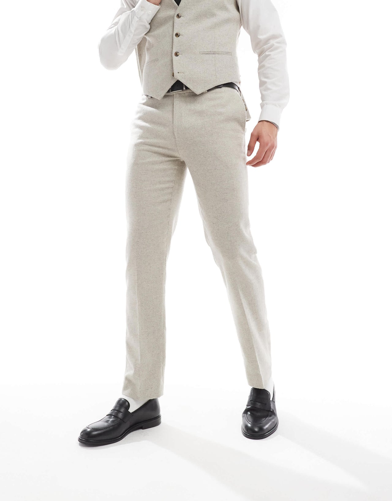 ASOS DESIGN slim suit trousers with wool in stone tweed