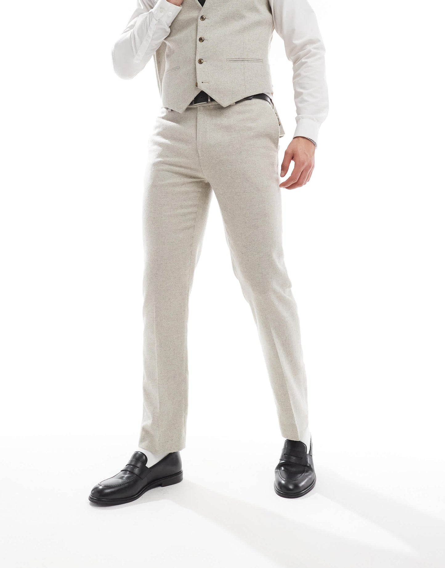 ASOS DESIGN slim suit trousers with wool in stone tweed