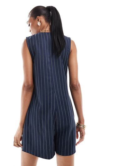 ASOS DESIGN Tall v neck button through tailored playsuit in navy
