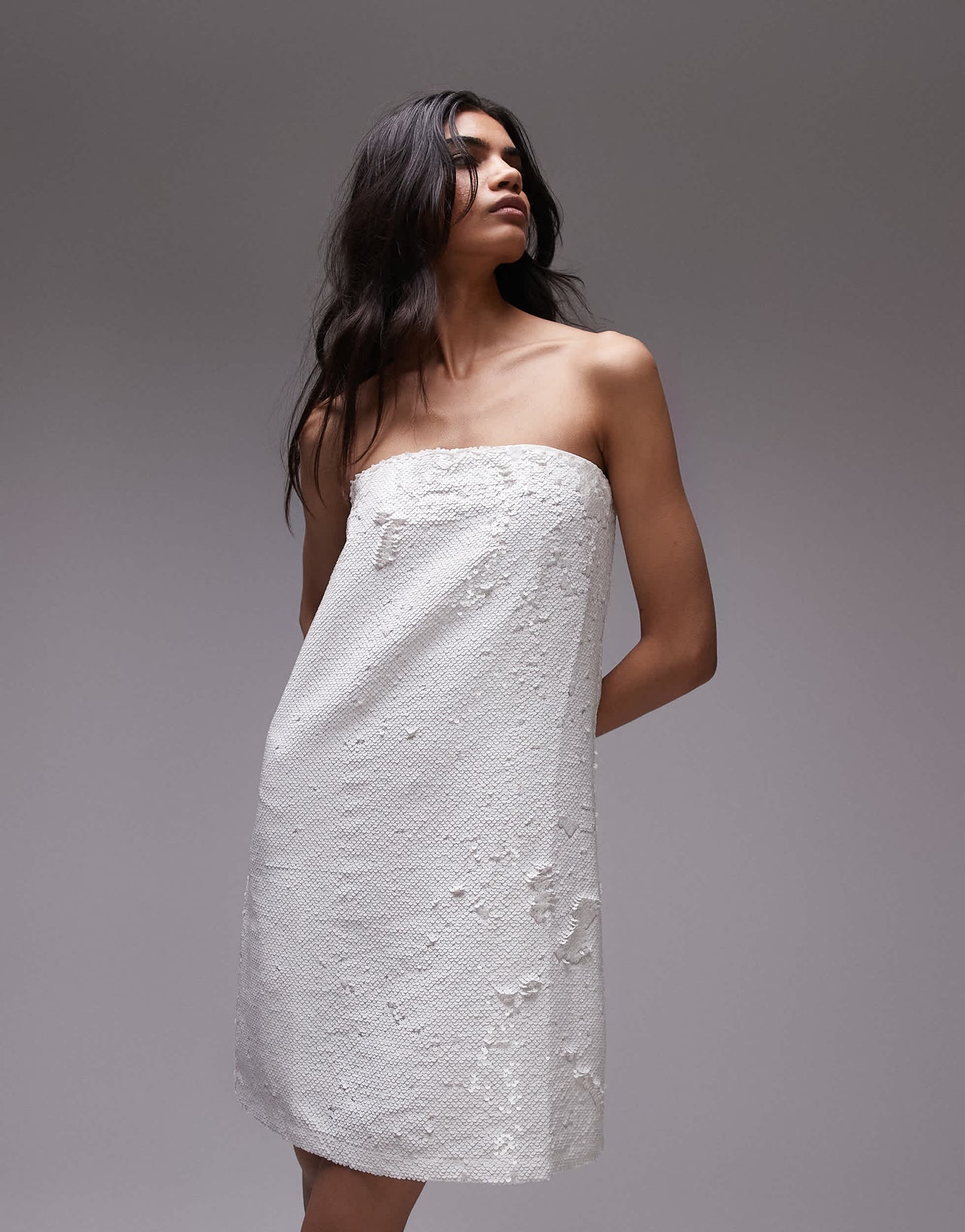 Topshop sequin embellished bandeau mini dress in white