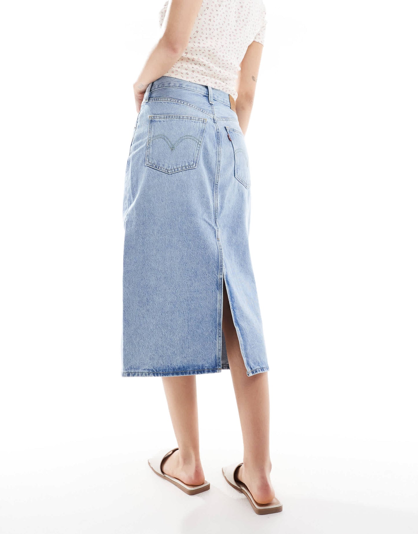 Levi's high rise midi skirt with back slit in light blue