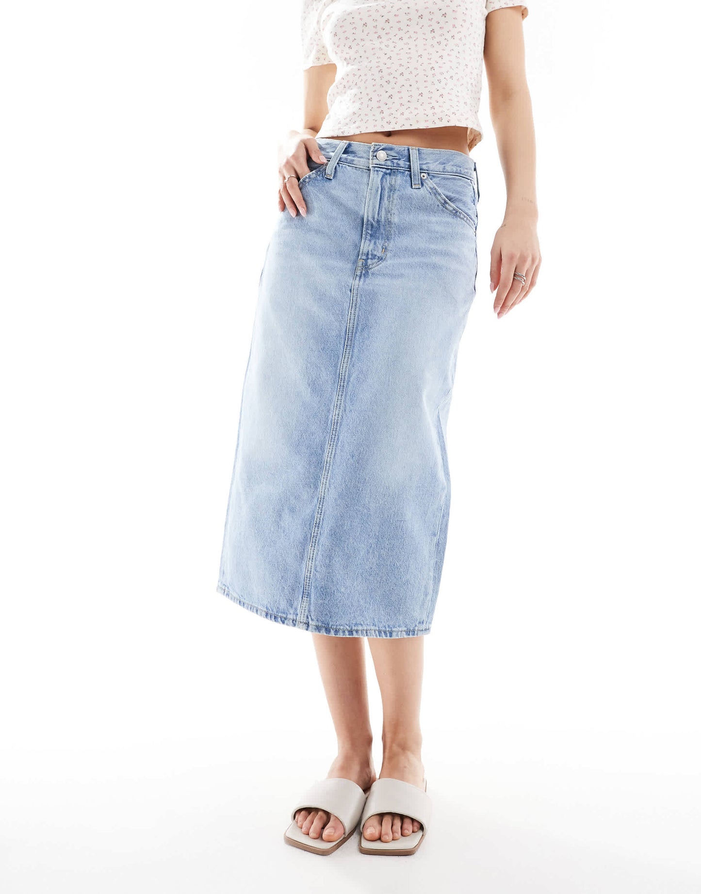 Levi's high rise midi skirt with back slit in light blue