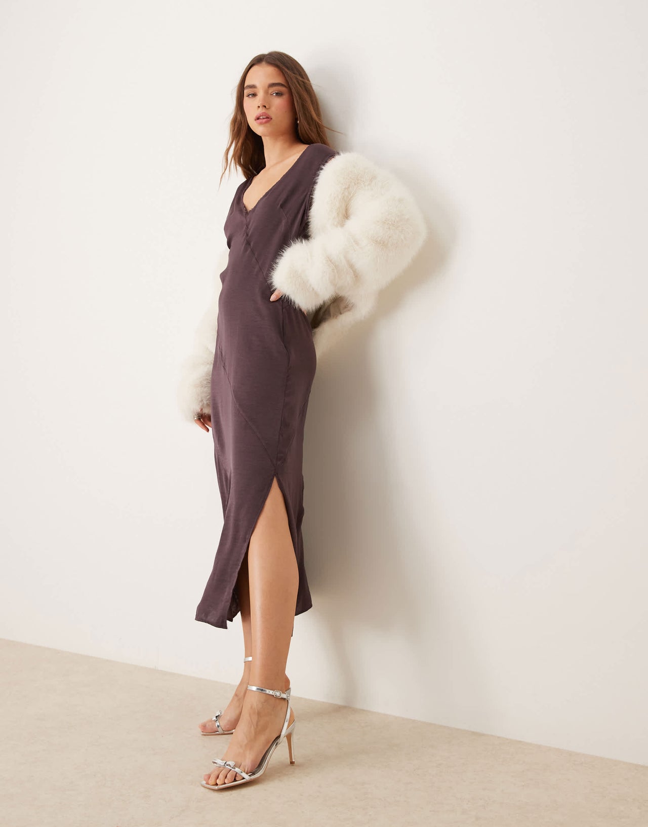 ASOS DESIGN v neck satin midi dress with raw seaming in mauve