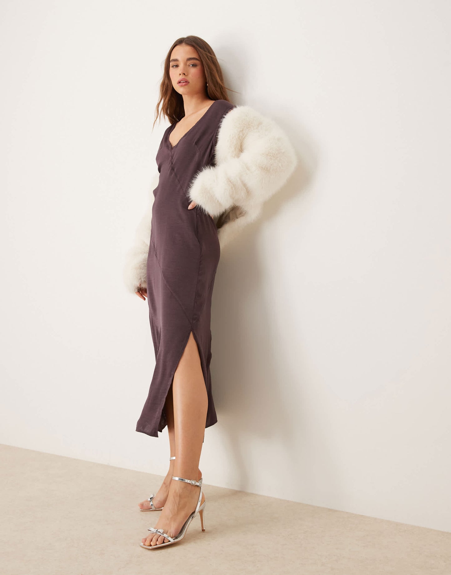 ASOS DESIGN v neck satin midi dress with raw seaming in mauve