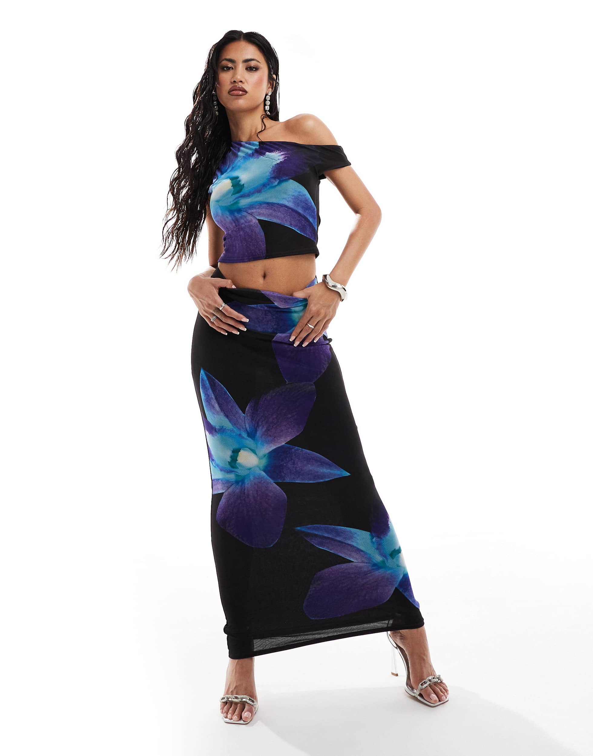 Kaiia exclusive mesh column maxi skirt co-ord in black and blue flower print