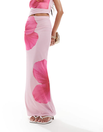 Kaiia exclusive double layered slinky column maxi skirt co-ord in pink flower print