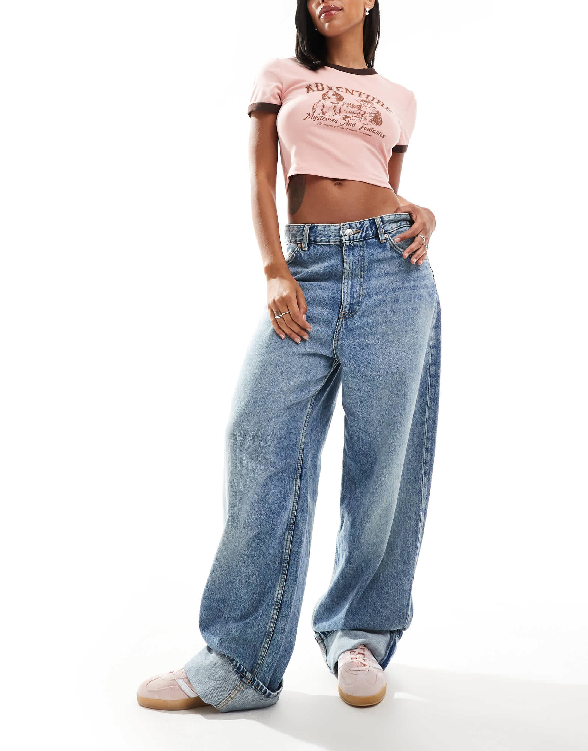 Bershka deep turn up balloon jeans in mid wash blue