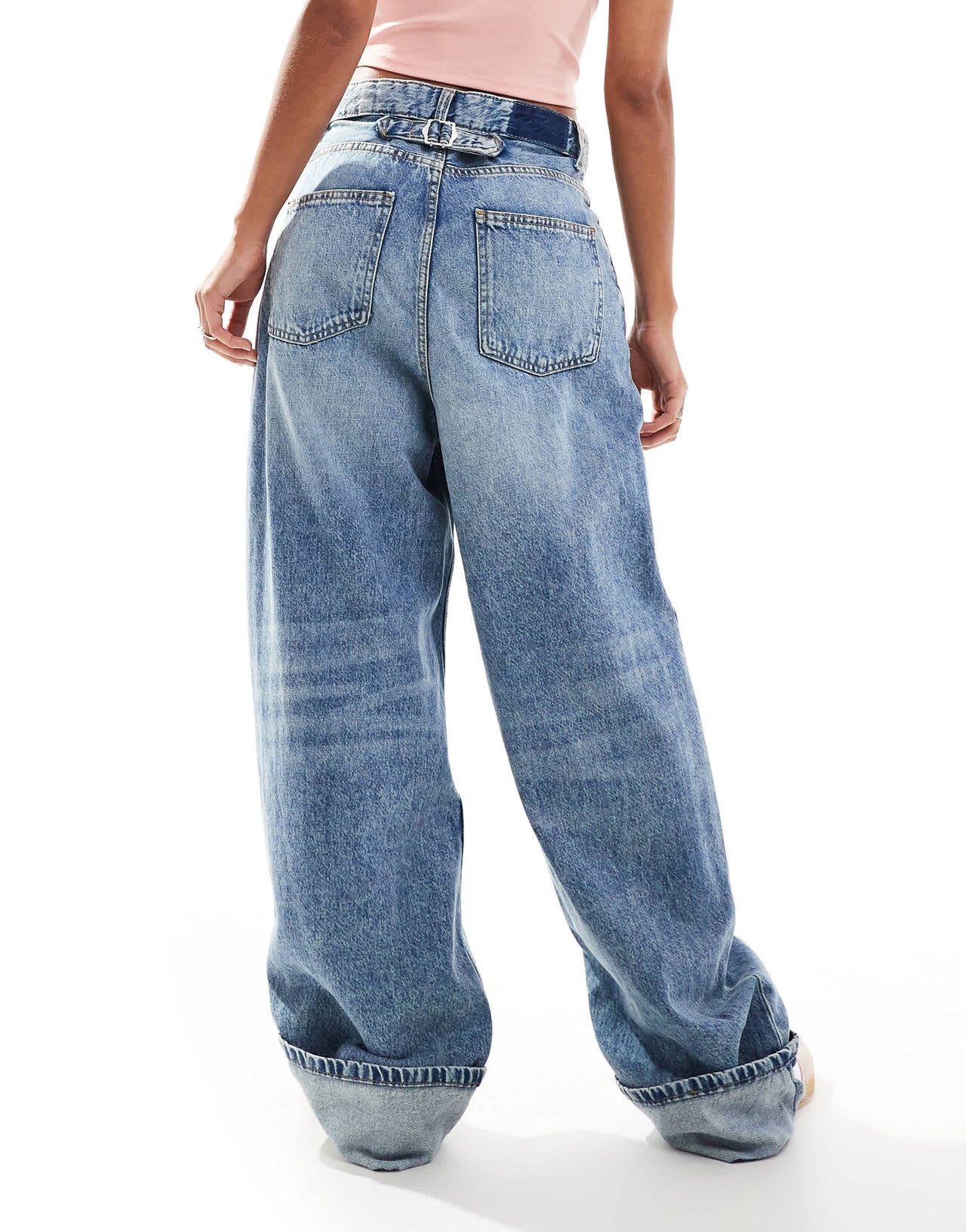 Bershka deep turn up balloon jeans in mid wash blue