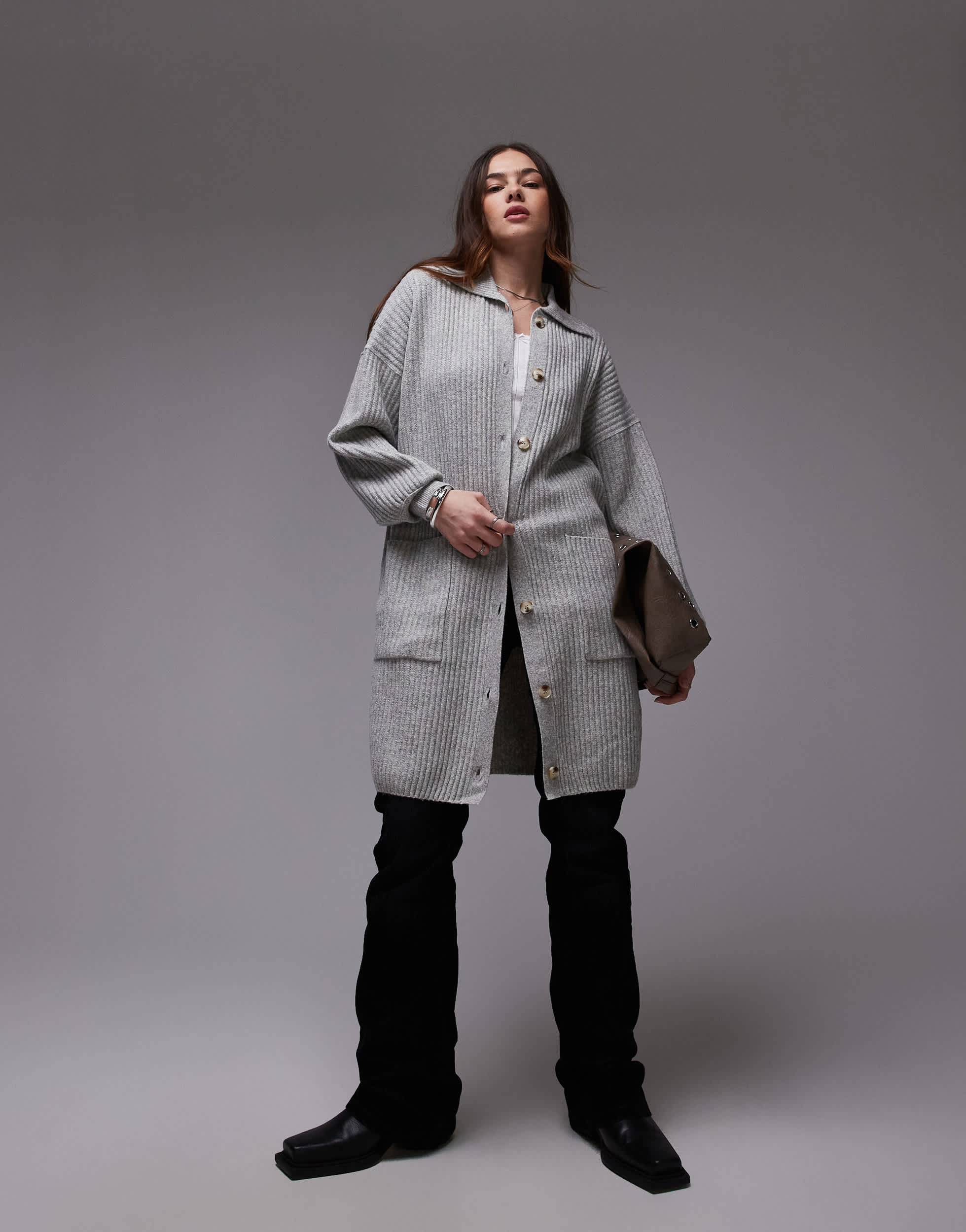 Free People oversized longline button detail cardigan in soft grey