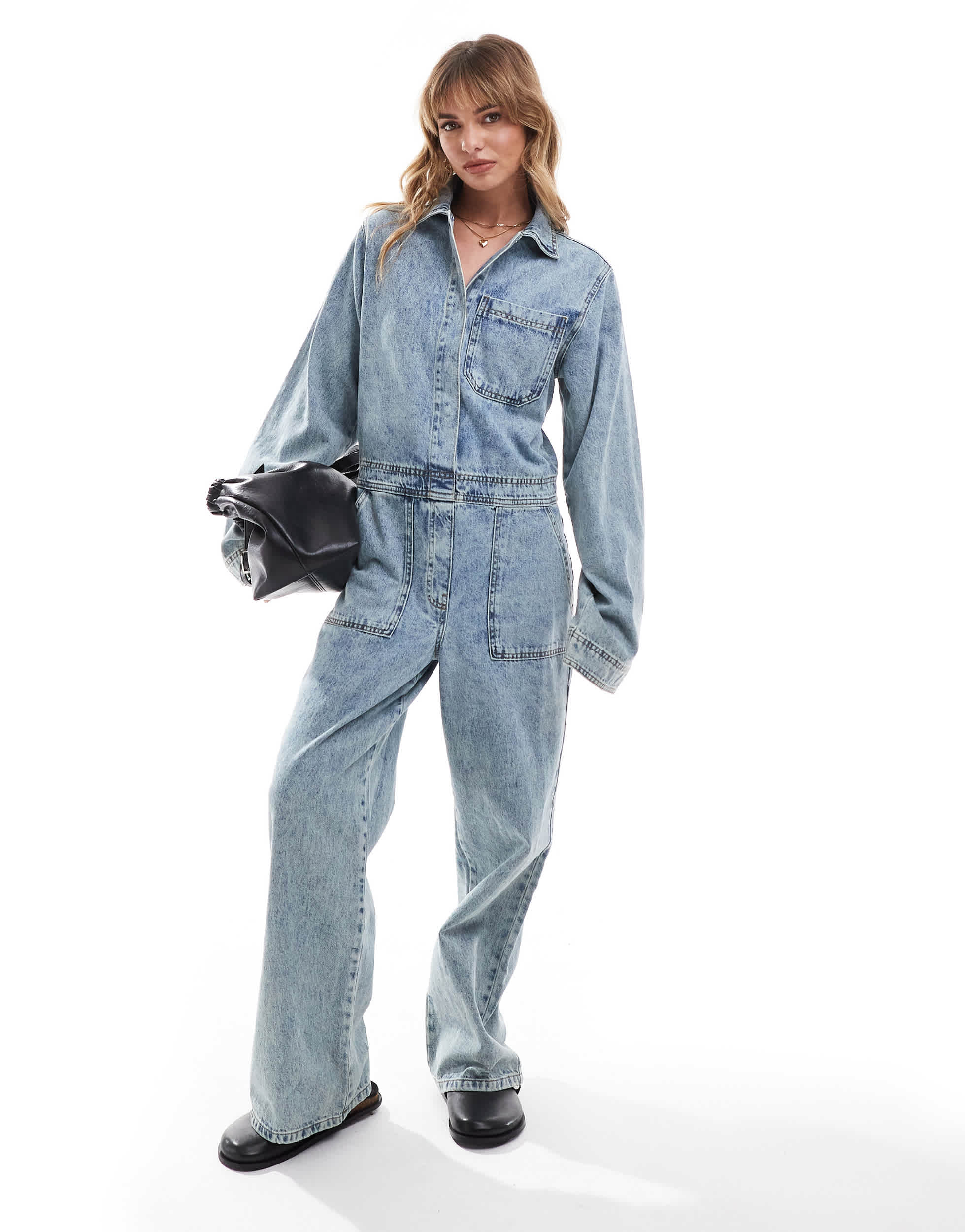 ASOS DESIGN denim boilersuit in midwash blue