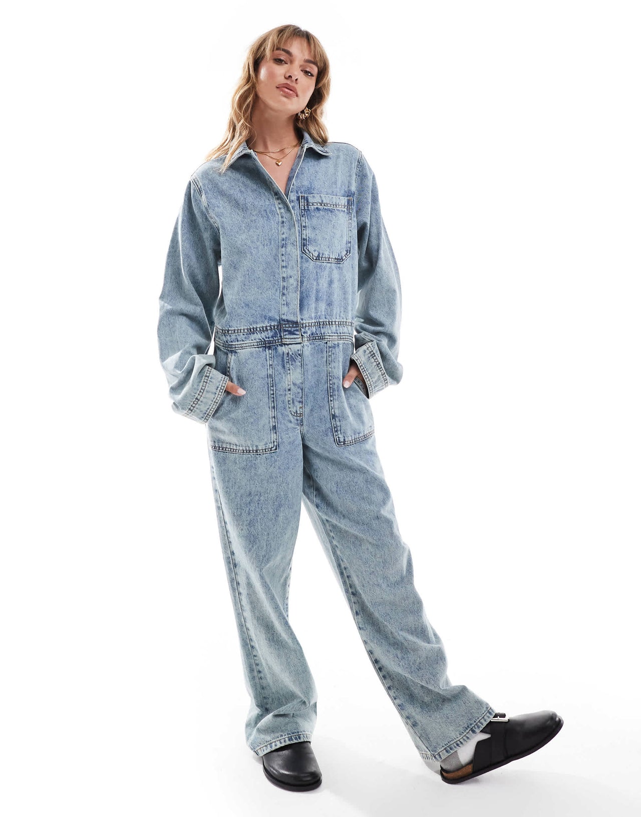 ASOS DESIGN denim boilersuit in midwash blue