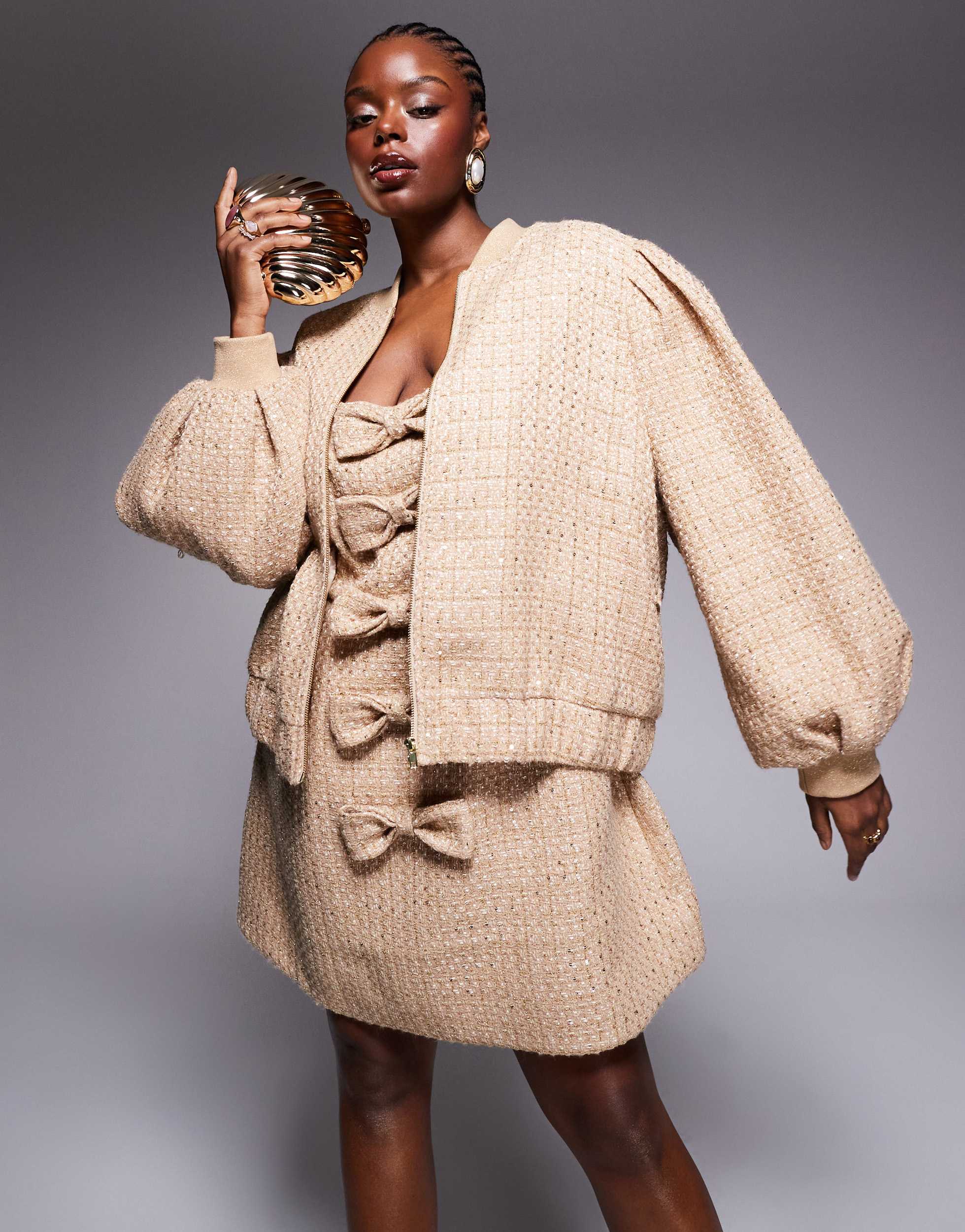 ASOS LUXE Curve embellished boucle bomber jacket in gold