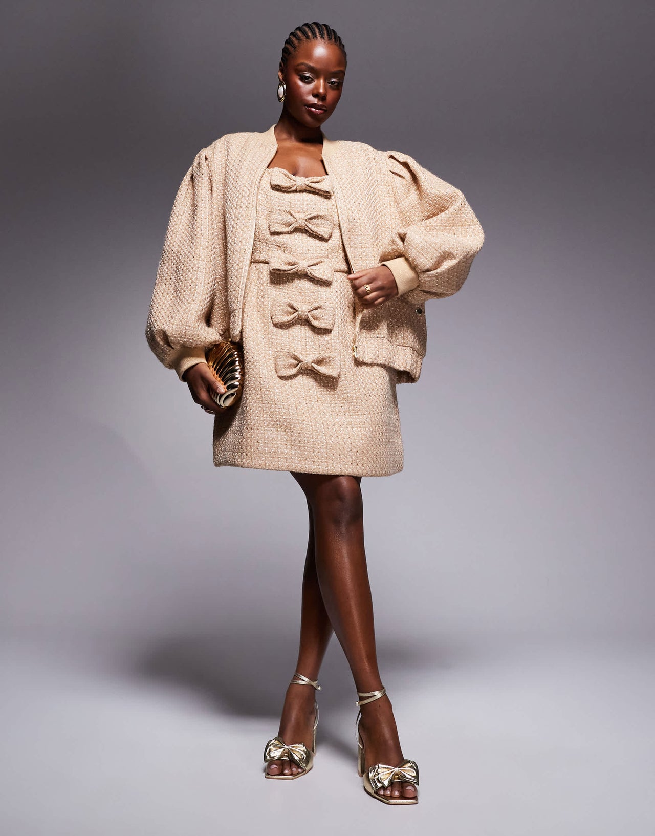 ASOS LUXE Curve embellished boucle bomber jacket in gold