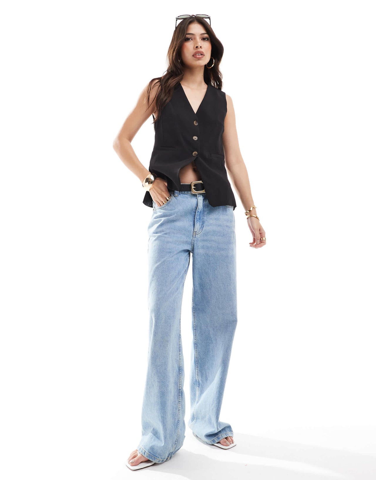 New Look longline button down waistcoat in black