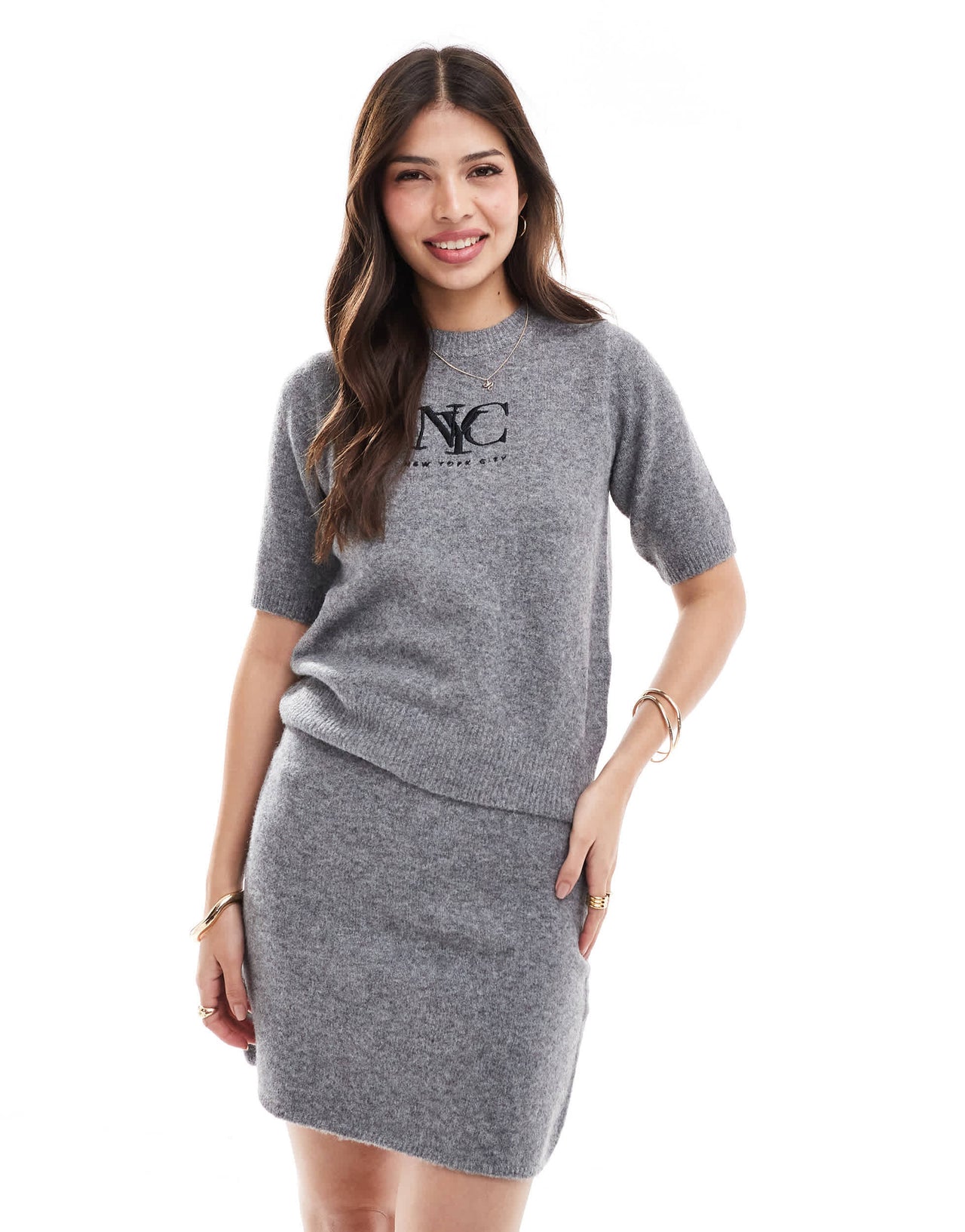 New Look co-ord NYC knitted tee in grey