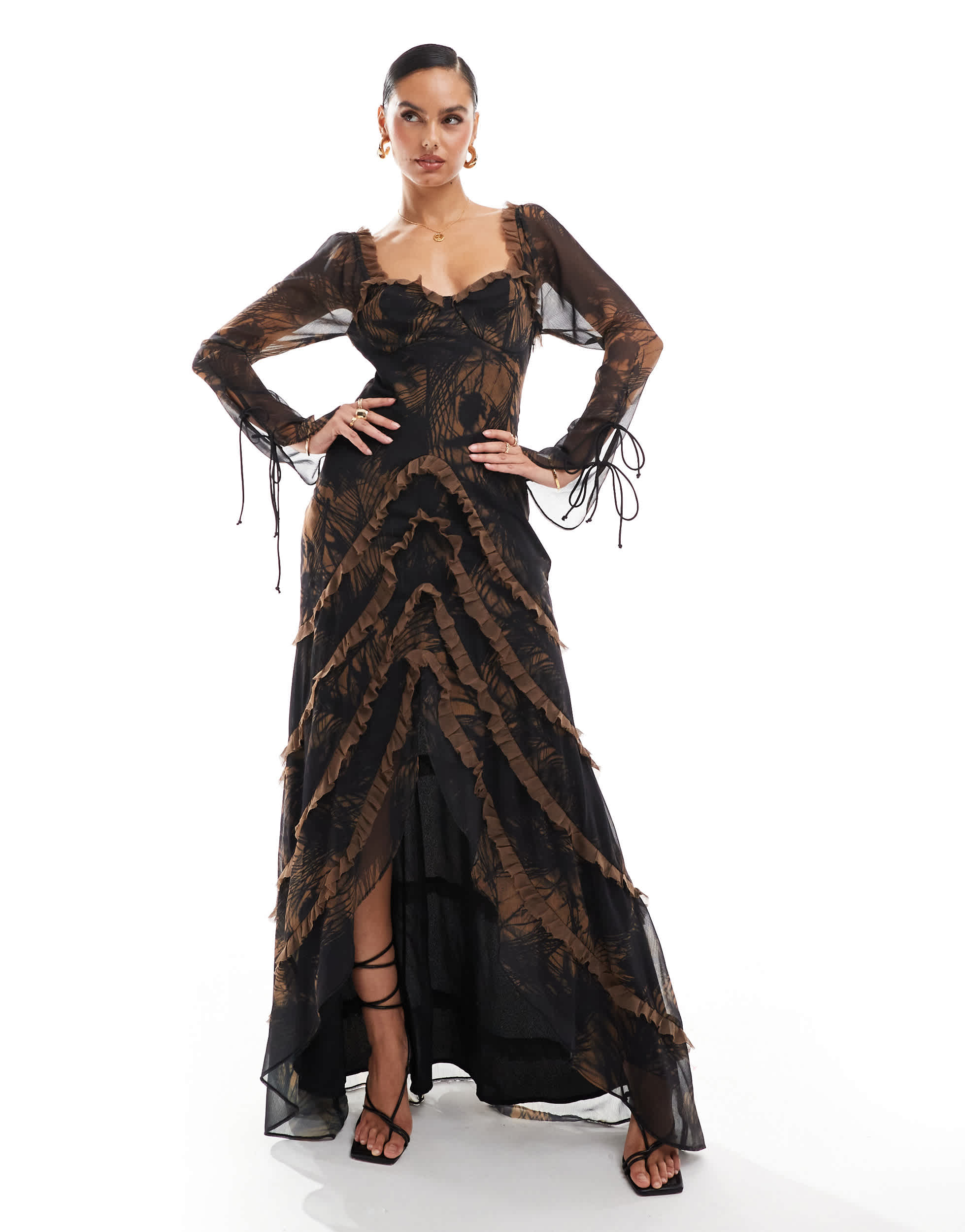 ASOS DESIGN long sleeve frill high low maxi dress in abstract print
