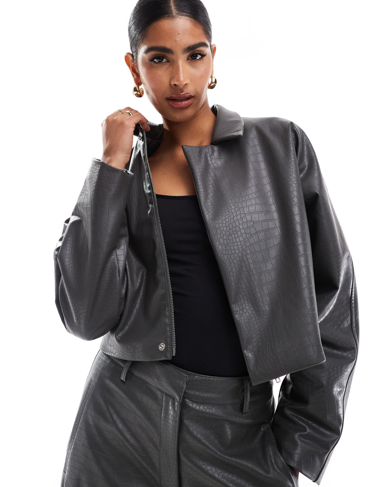 ASOS DESIGN cropped faux leather jacket co-ord in grey croc