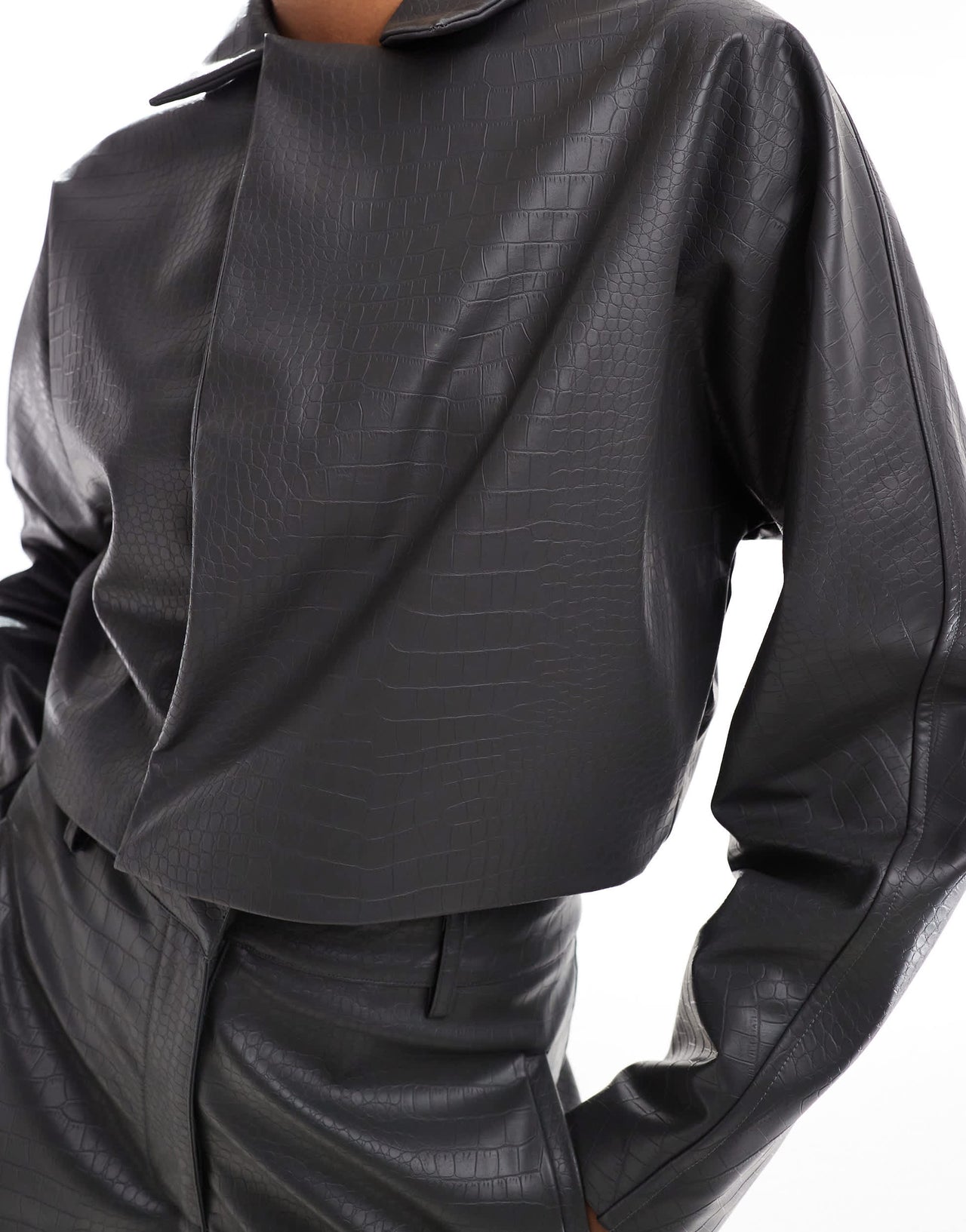 ASOS DESIGN cropped faux leather jacket co-ord in grey croc