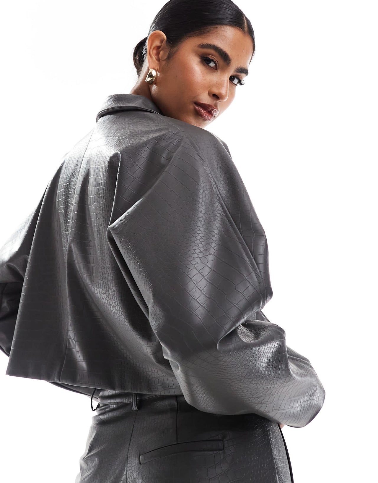 ASOS DESIGN cropped faux leather jacket co-ord in grey croc