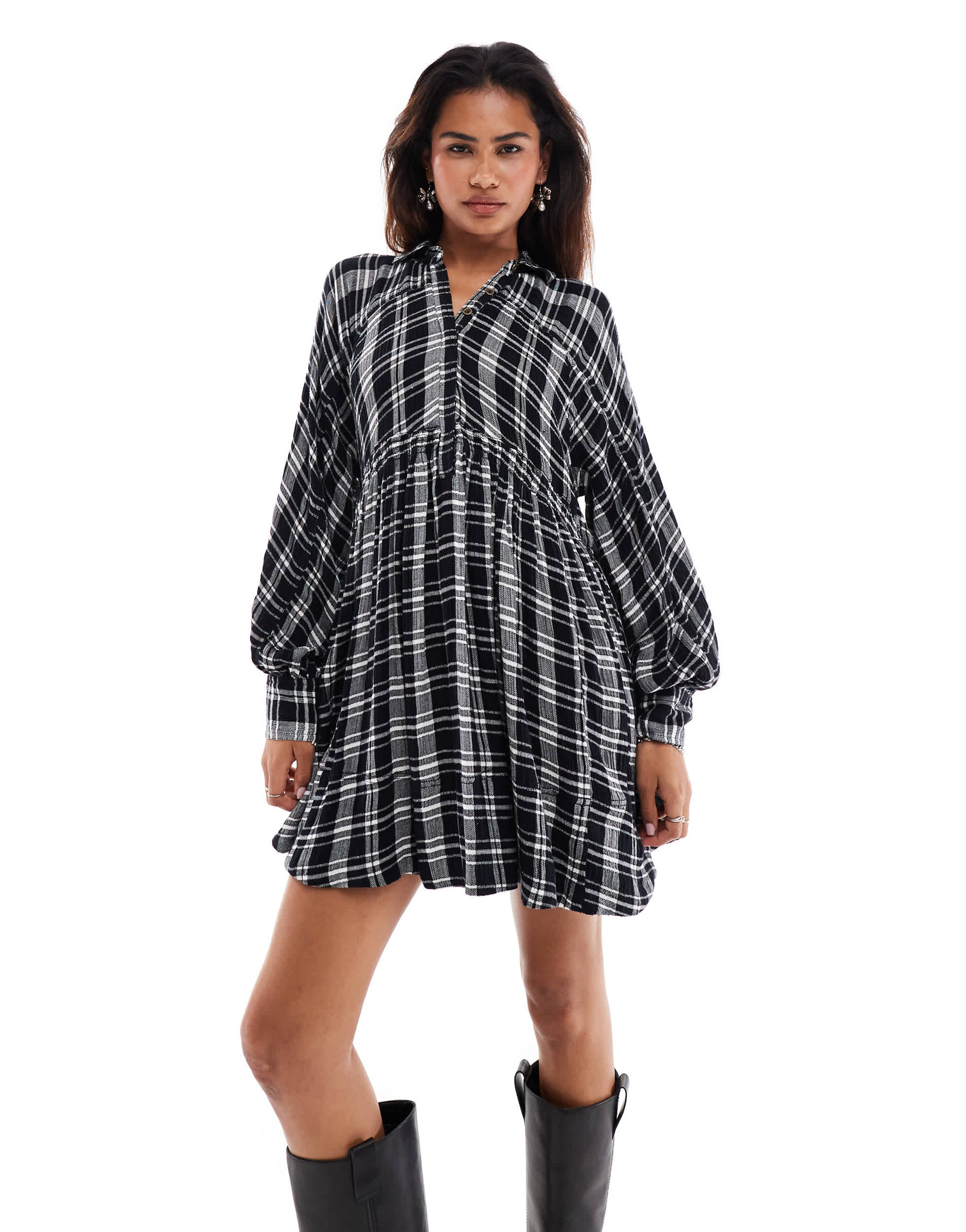 Free People check print mini slouchy shirt dress in black