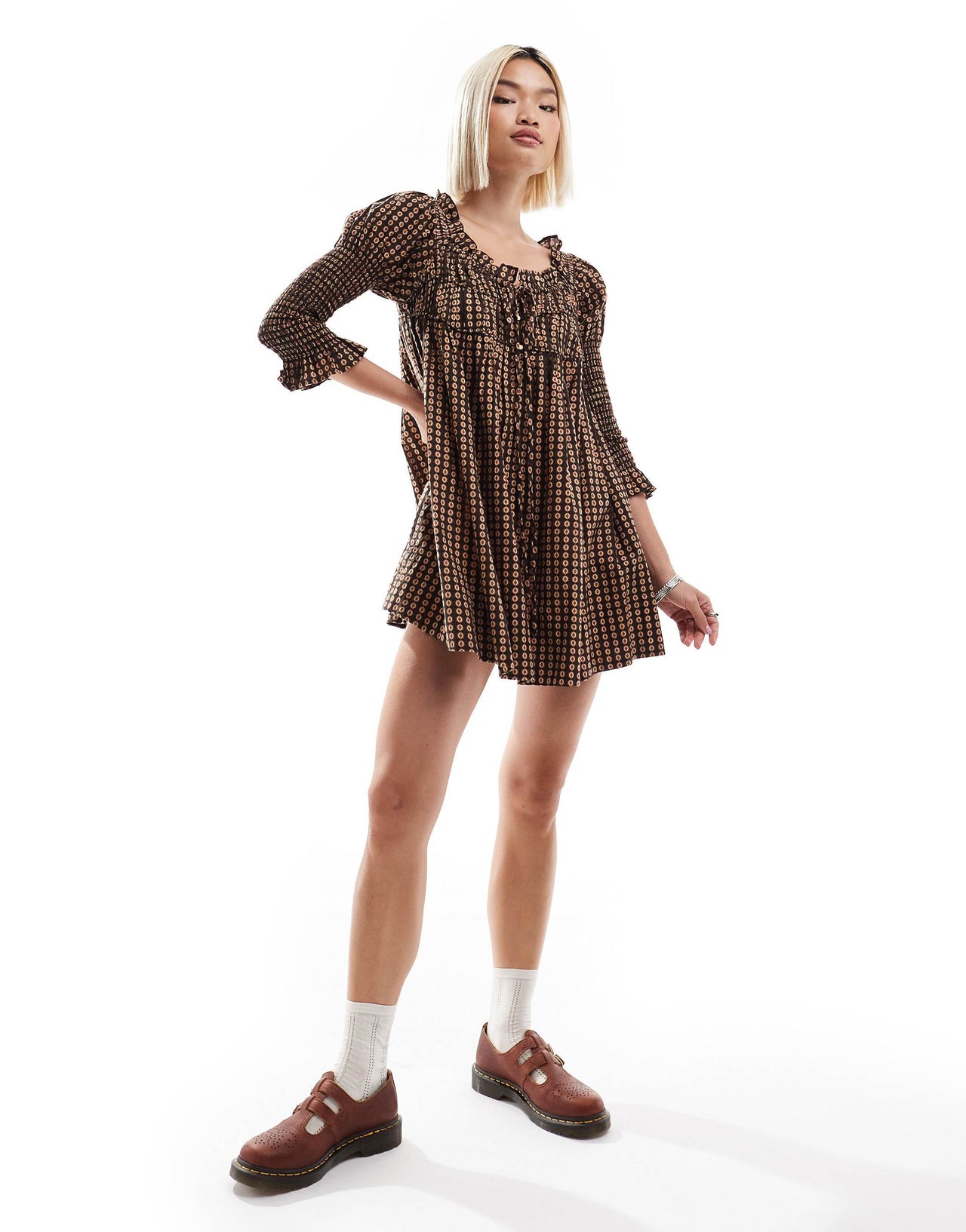 Free People check print tie-detail mini smock dress in black multi