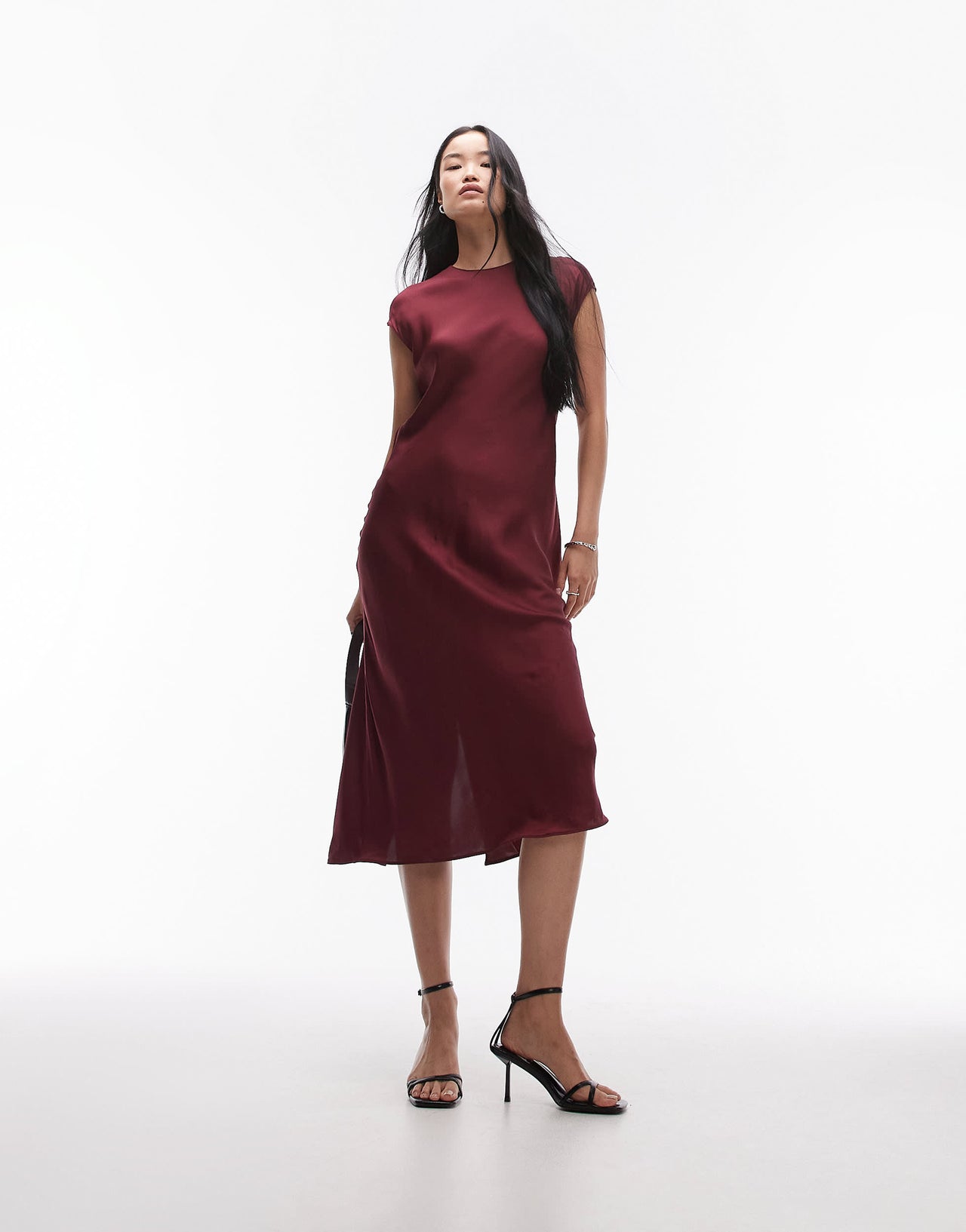 ARKET cap sleeve satin midaxi dress in burgundy