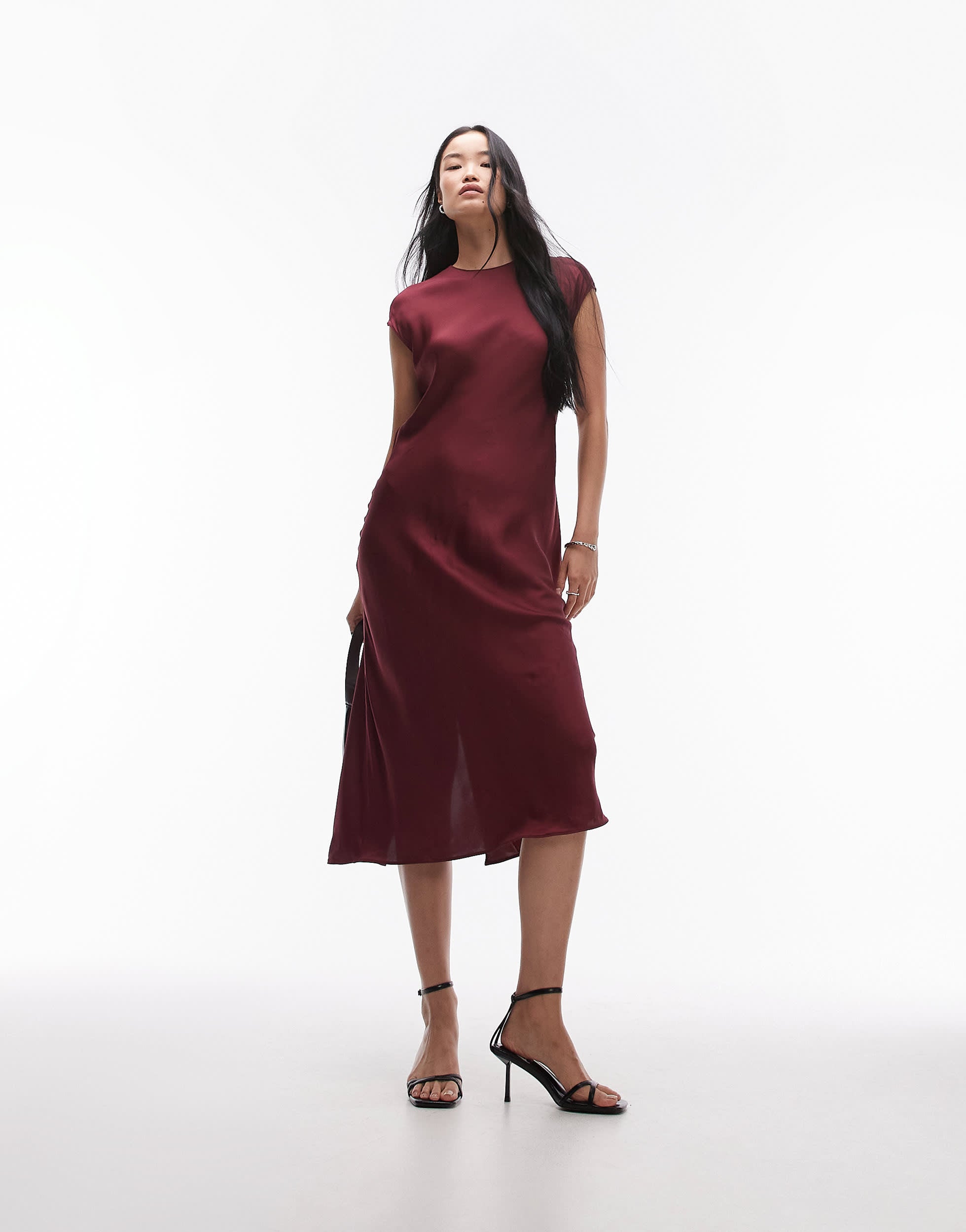 ARKET cap sleeve satin midaxi dress in burgundy
