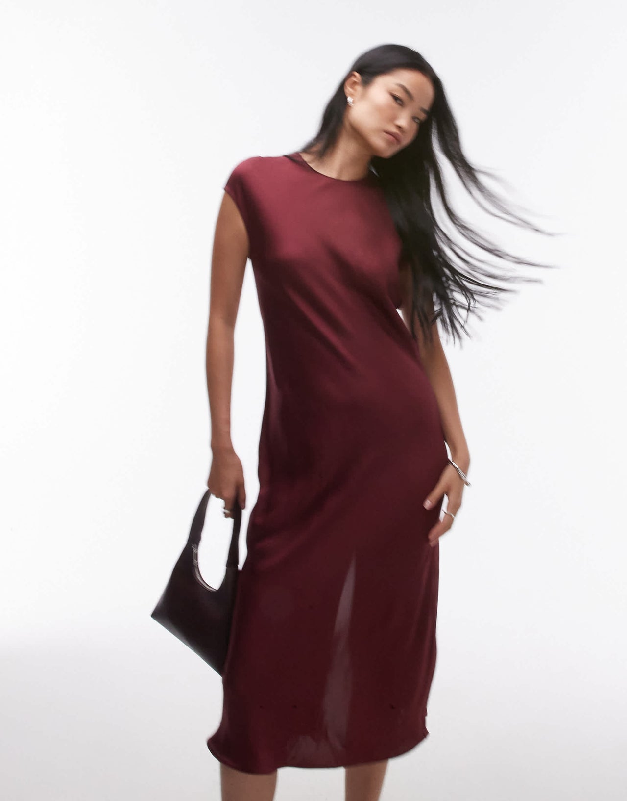 ARKET cap sleeve satin midaxi dress in burgundy