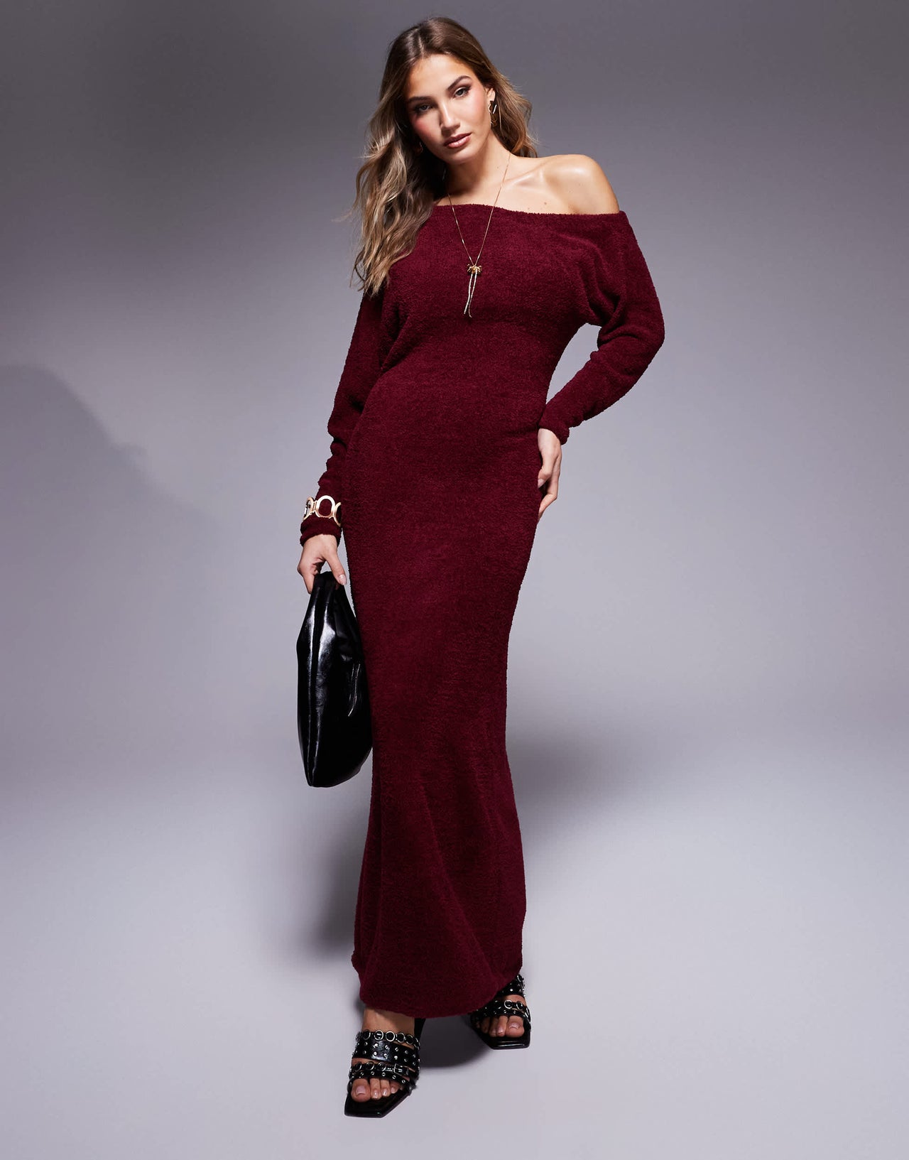 ASOS DESIGN supersoft fluffy fallen shoulder midaxi dress in burgundy