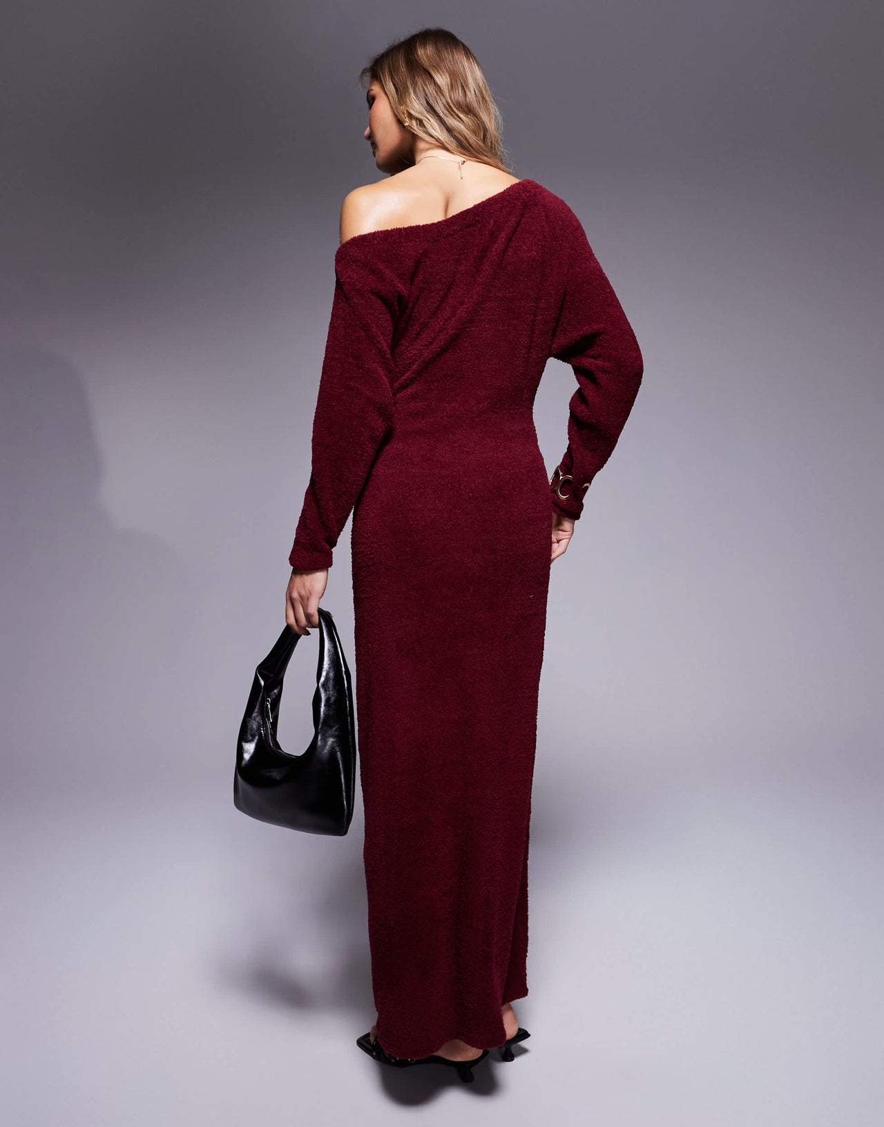 ASOS DESIGN supersoft fluffy fallen shoulder midaxi dress in burgundy