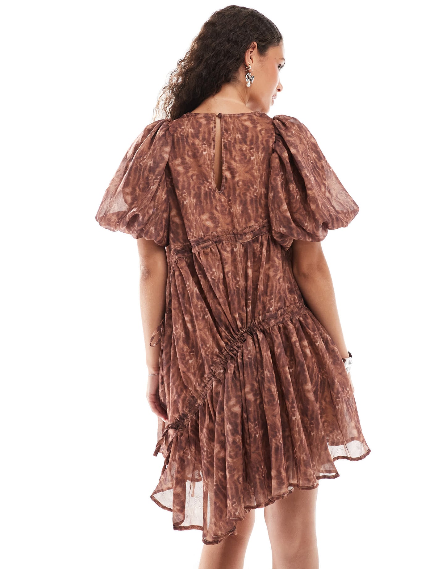 Ghospell asymmetric ruched mini dress in brown print