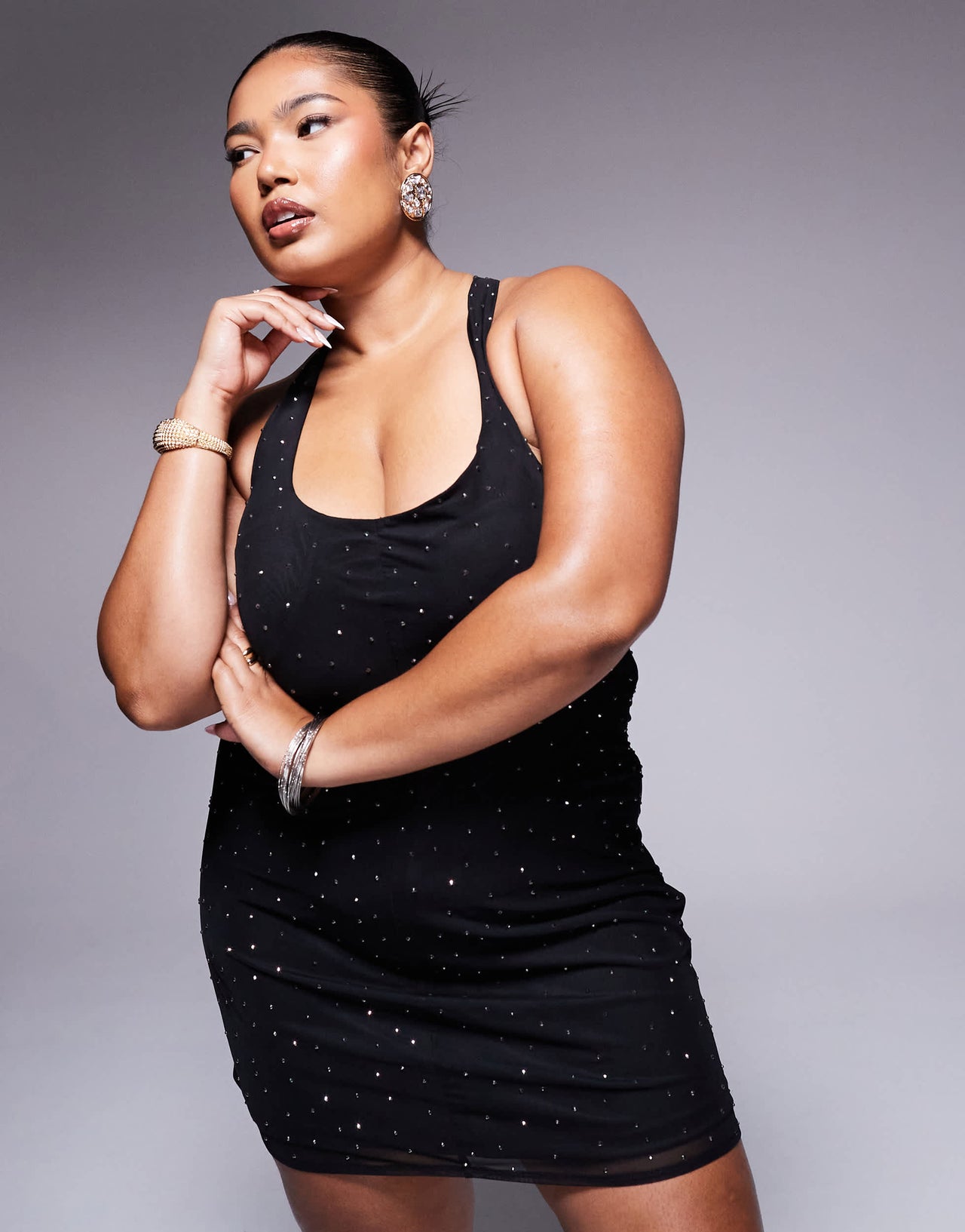 ASOS DESIGN Curve scattered hotfix scoop halter mini dress in black