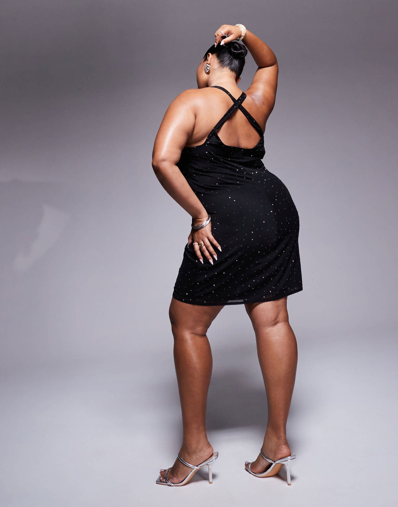 ASOS DESIGN Curve scattered hotfix scoop halter mini dress in black