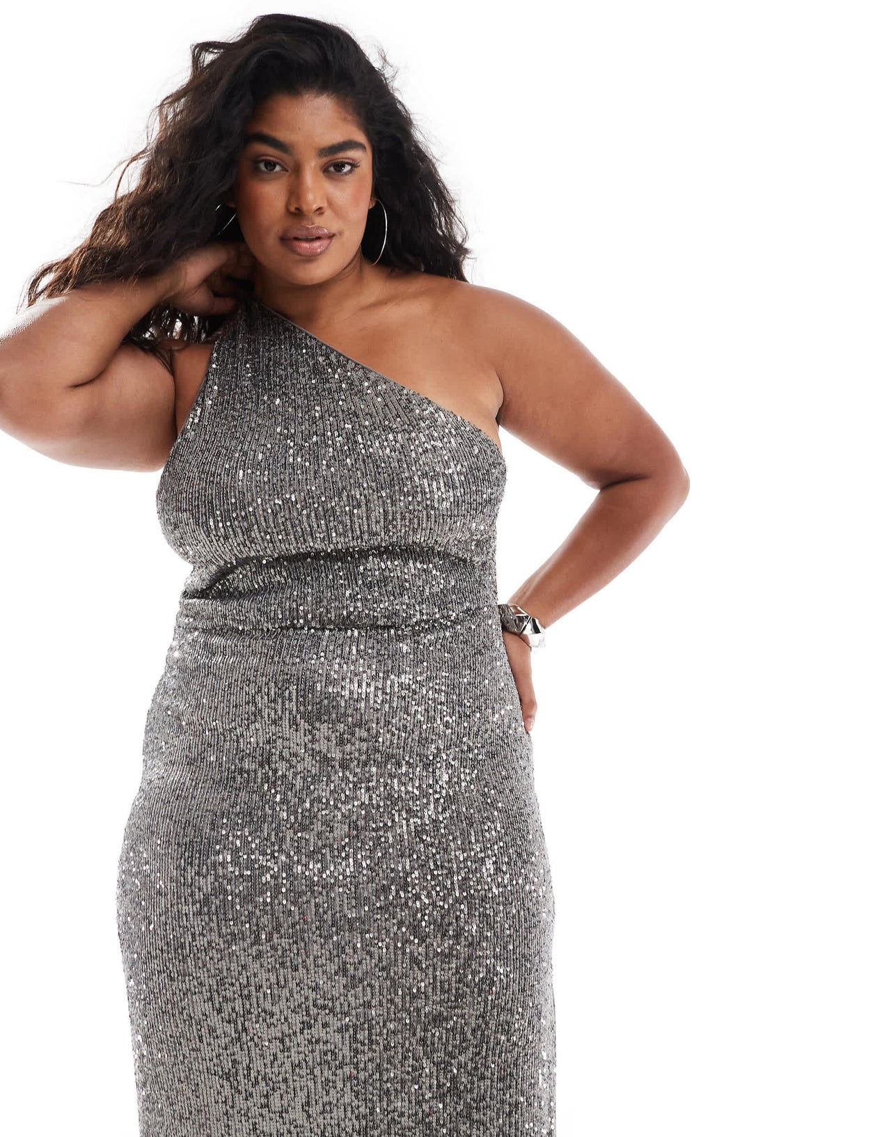ASOS DESIGN Curve sequin one shoulder maxi dress with back strap detailing in silver
