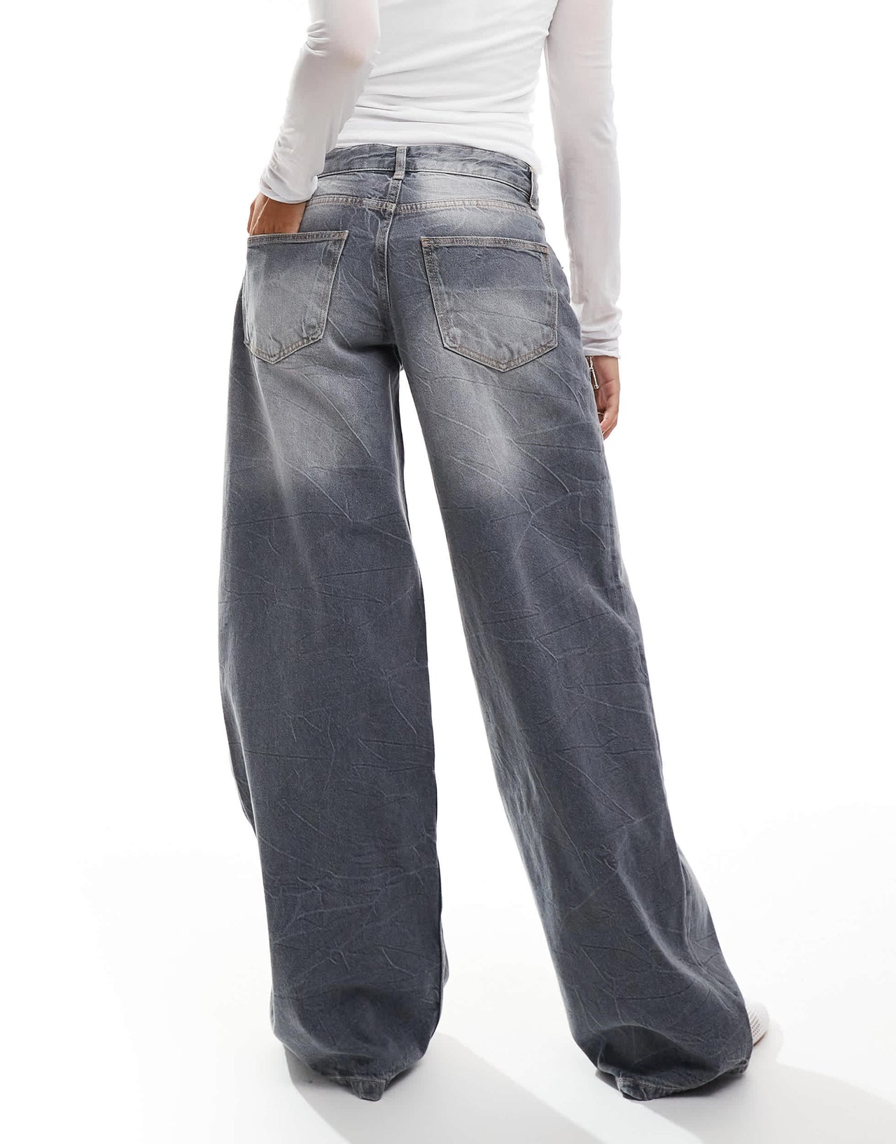 Bershka Petite wide leg baggy jeans in dirty grey wash