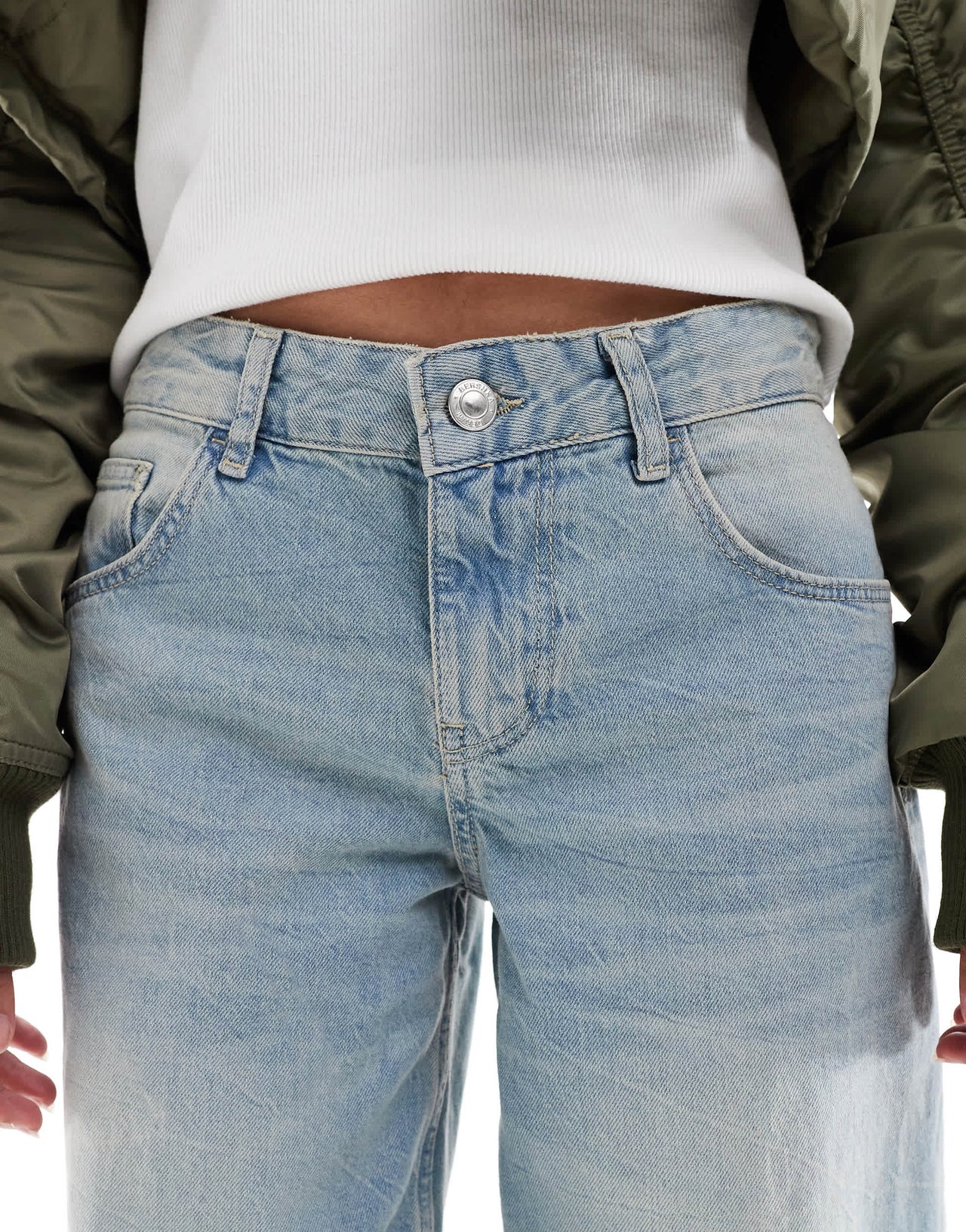Bershka Petite wide leg baggy jeans in dirty mid blue wash